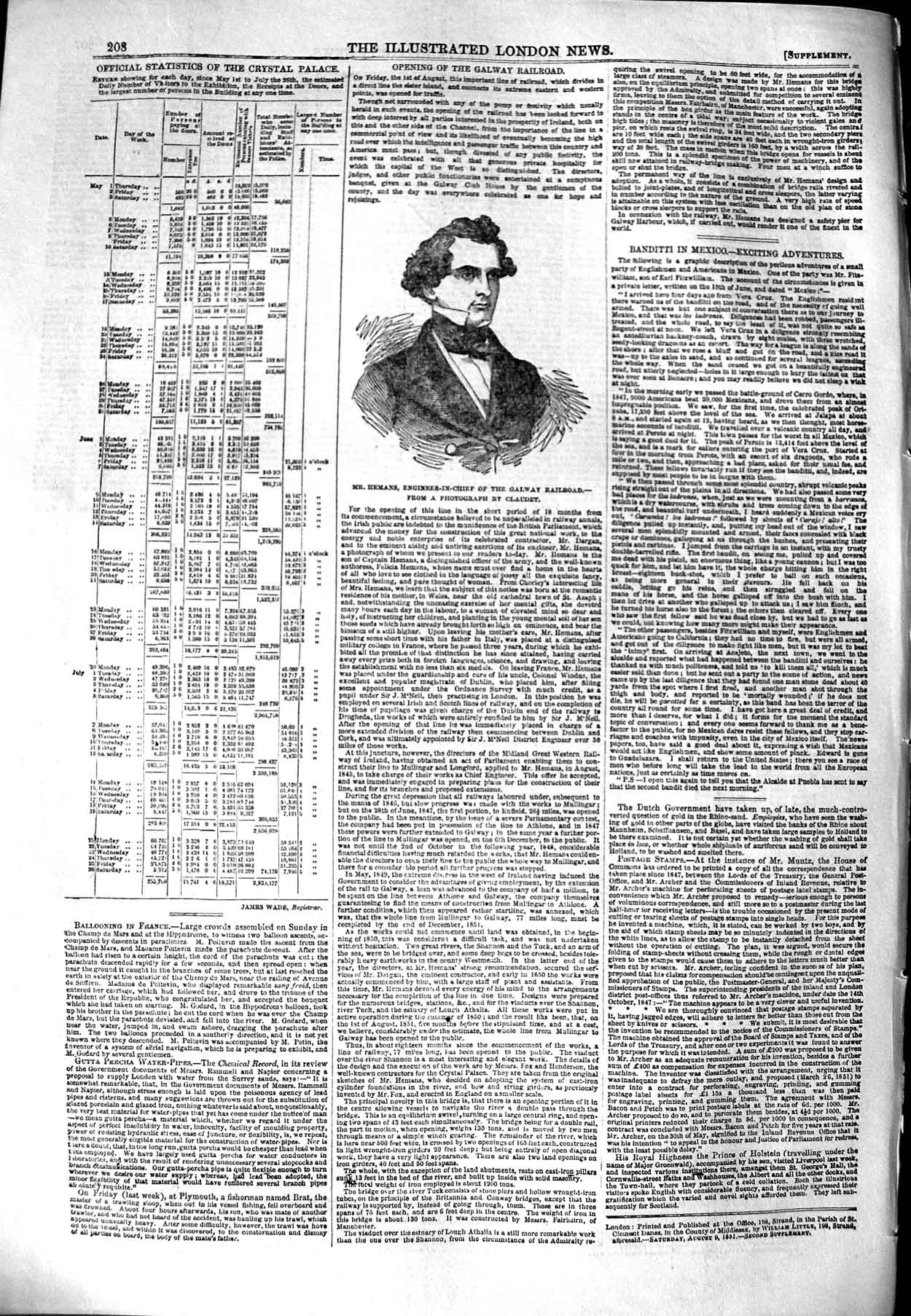 Original Old Antique Print 1851 Mr. Hemans Engineer-In-Chief Galway Railroad