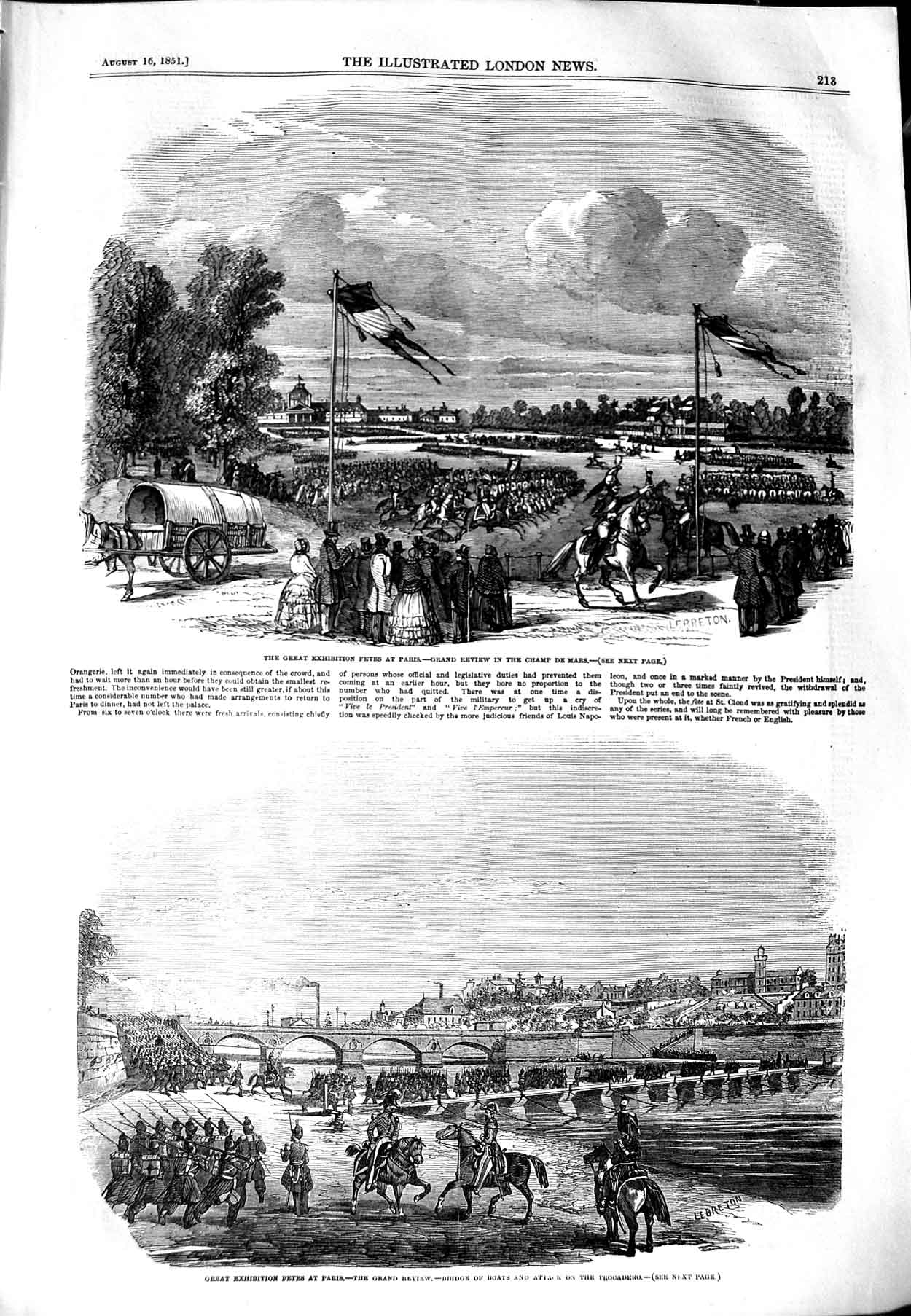 Old Antique Print 1851 Champ De Mars Paris France Attack Trocadero Bridge 19th