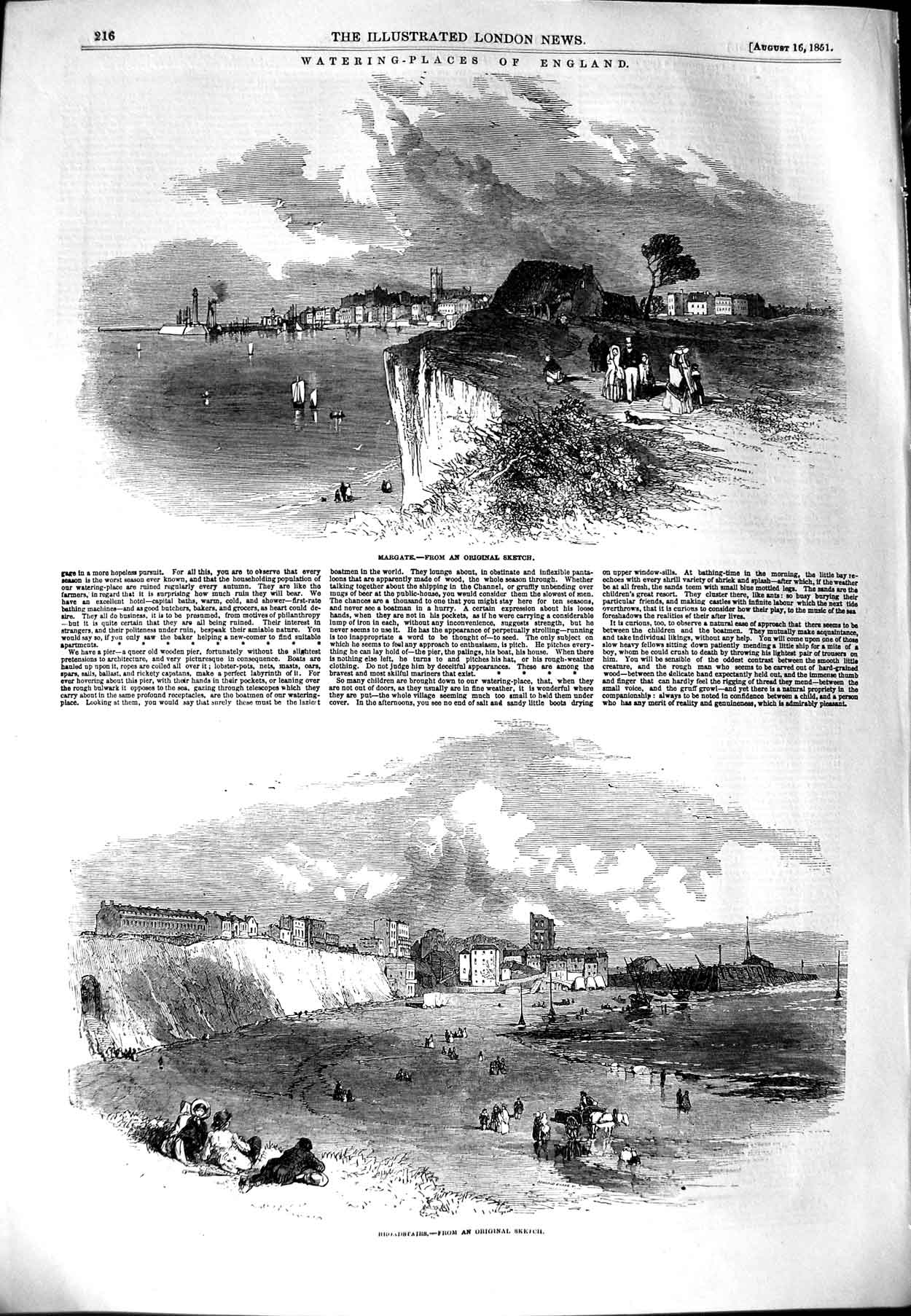 Original Old Antique Print 1851 Margate England Broadstairs Beach Seaside Boats