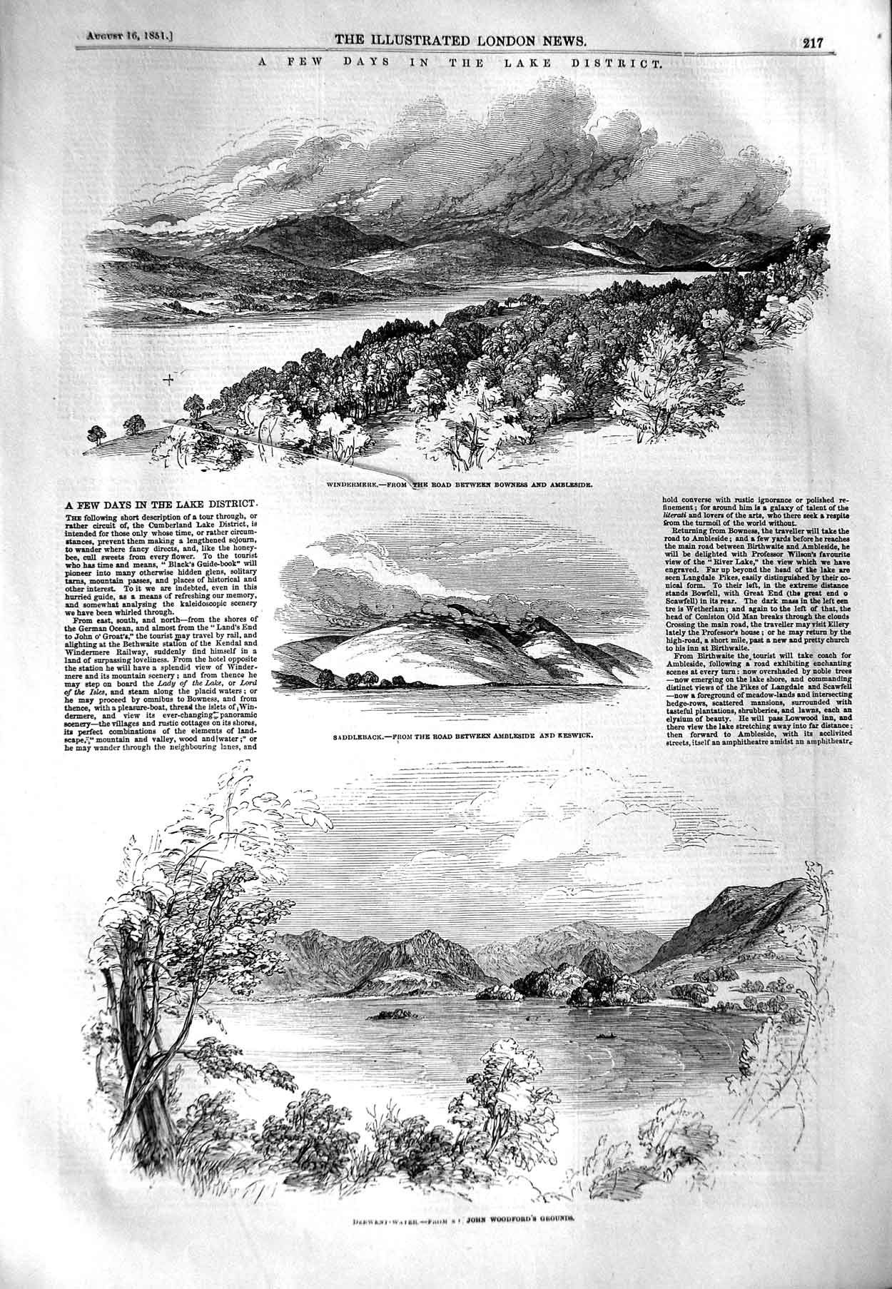Old Antique Print 1851 Lake District Windermere Saddleback Derwent-Water 19th