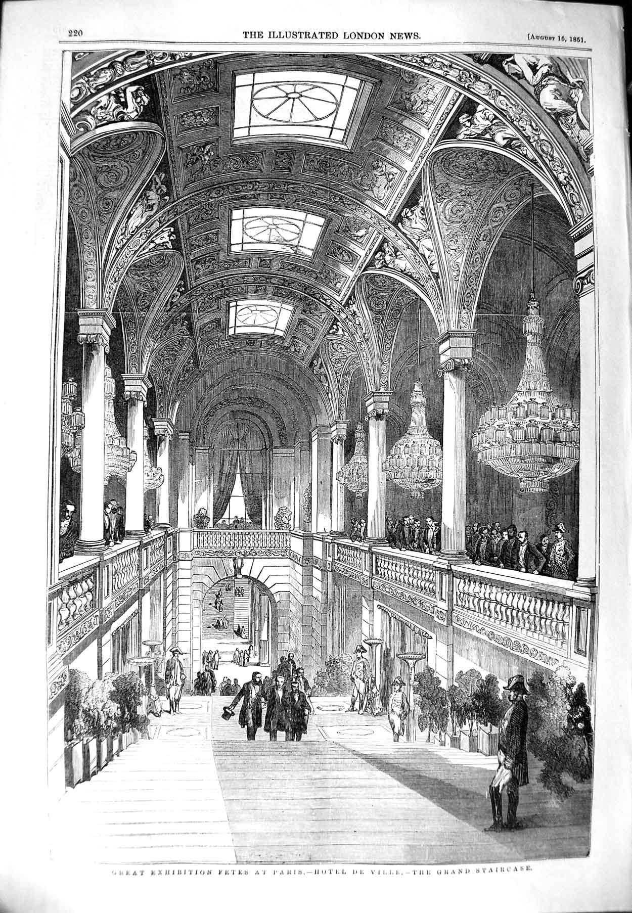 Old Antique Print 1851 Great Exhibition Fete Paris Hotel Ville Staircase 19th