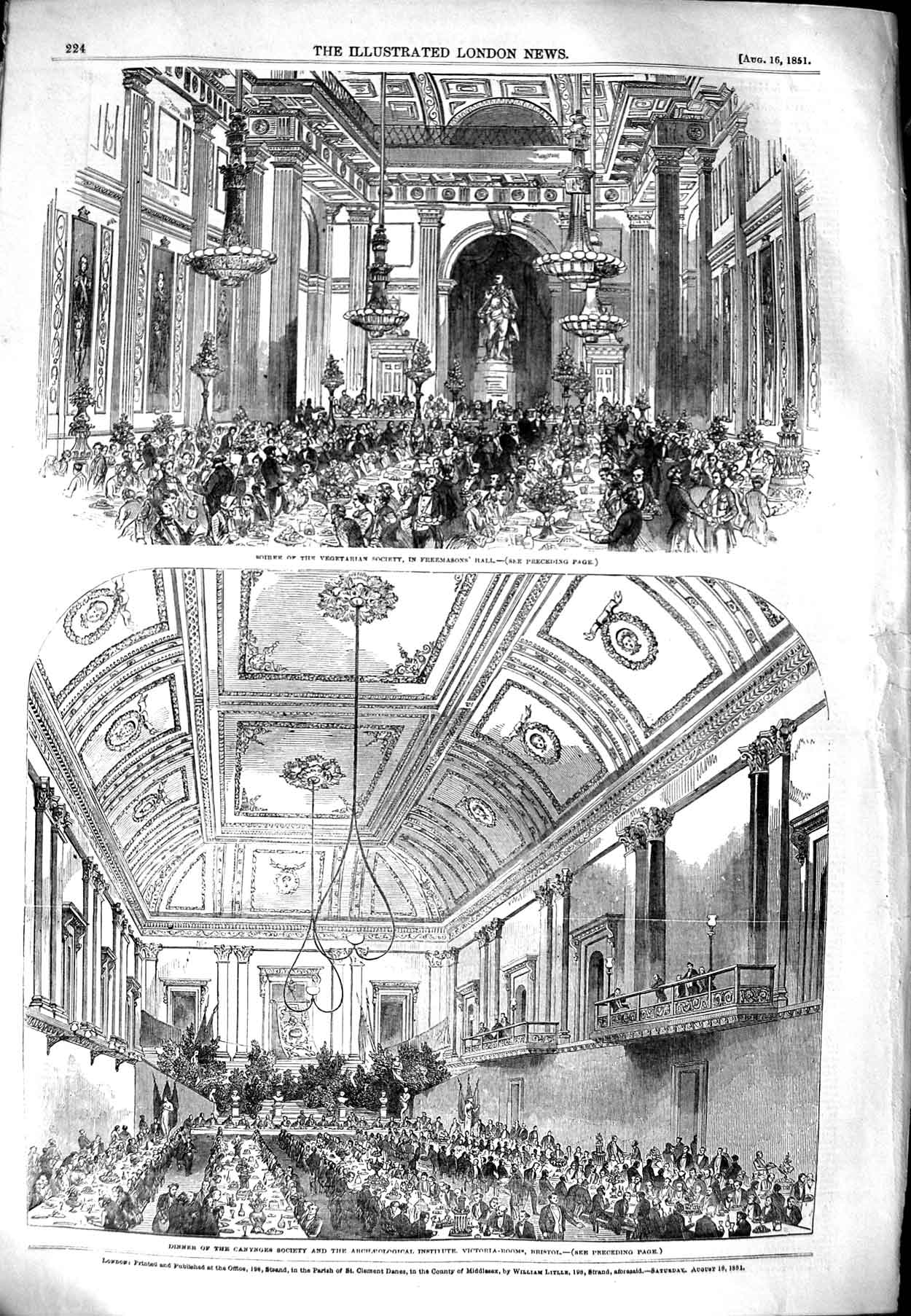 Original Old Antique Print 1851 Soiree Freemasons Hall Dinner Canynges Bristol