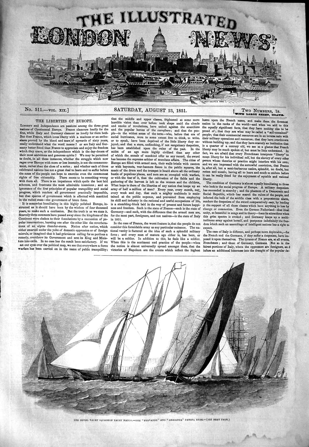 Original Old Antique Print 1851 Royal Yacht Squadron Match Fernande Anaconda