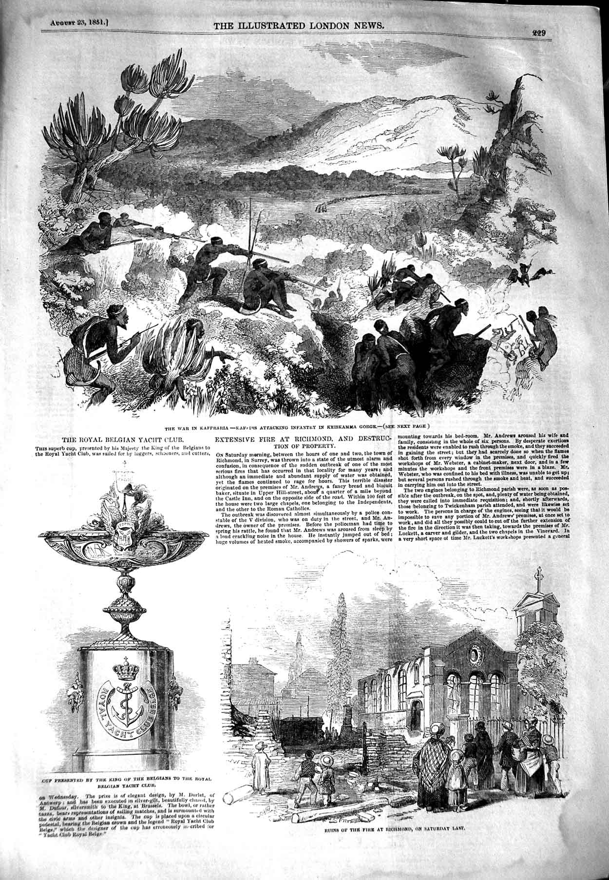 Original Old Antique Print 1851 War Kaffraria Royal Belgian Yacht Club Richmond