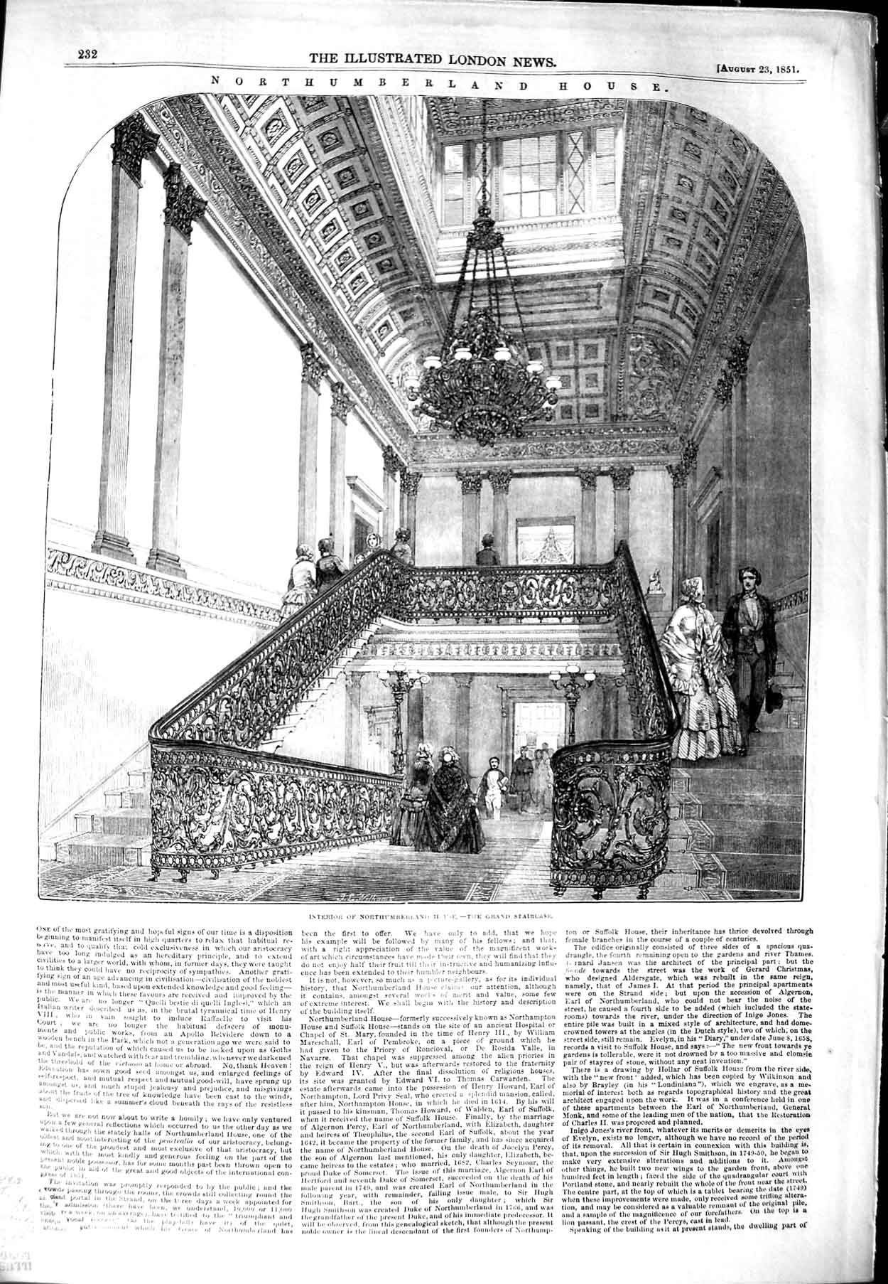Original Old Antique Print 1851 Interior Northumberland House Grand Staircase