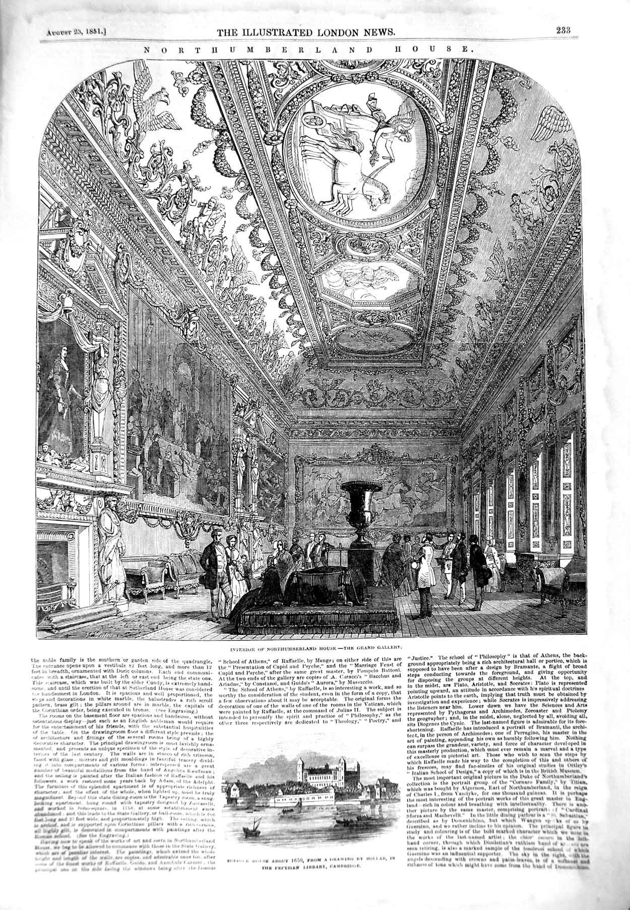 Old Antique Print 1851 Grand Gallery Northumberland House Suffolk Hollar 19th