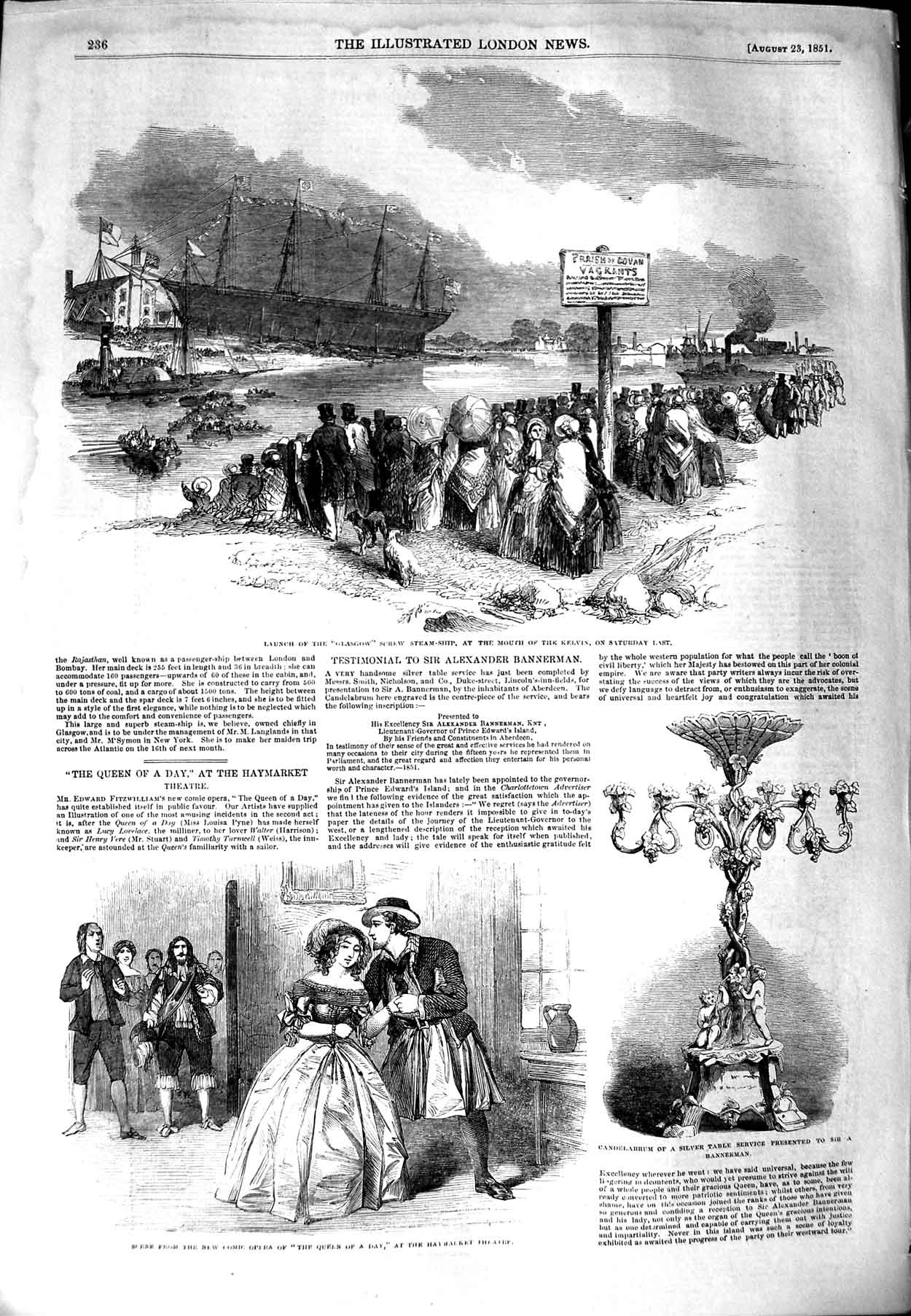 Old Antique Print 1851 Glasgow Ship River Kelvin Opera Haymarket Theatre 19th