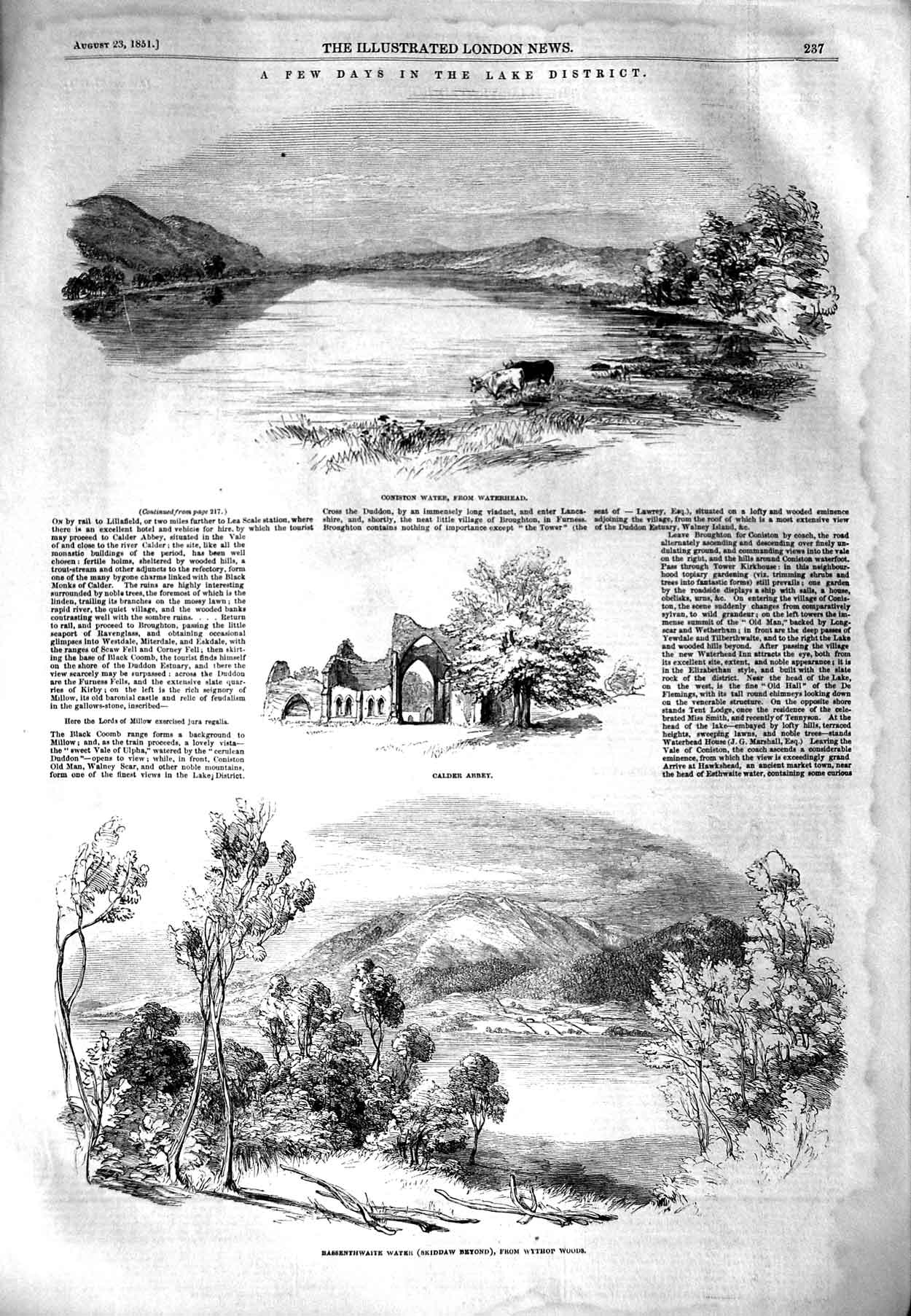 Old Antique Print 1851 Lake District Coniston Calder Abbey Bassenthwaite 19th