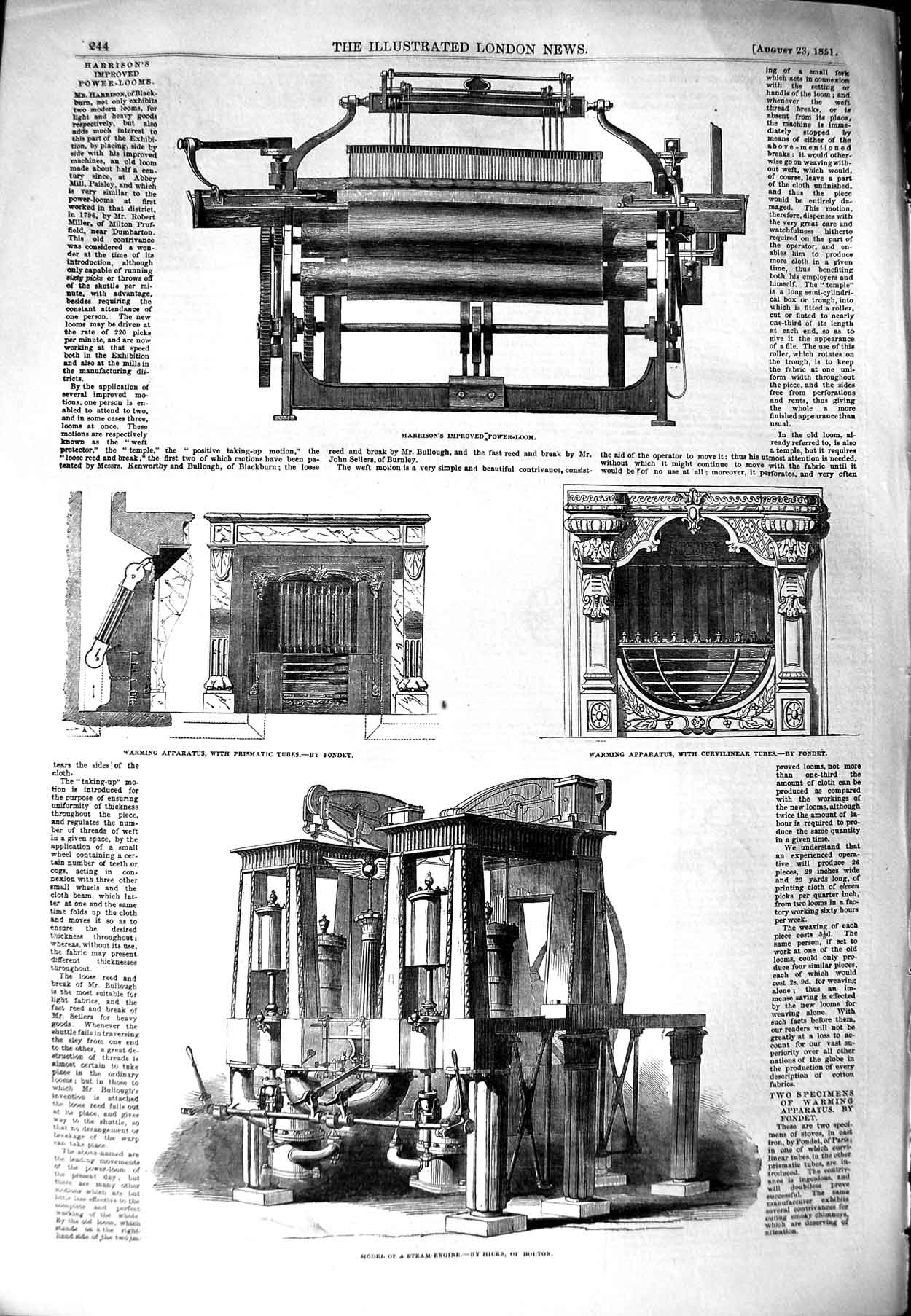 Old Antique Print 1851 Harrison'S Power-Loom Steam-Engine Prismatic Tubes 19th