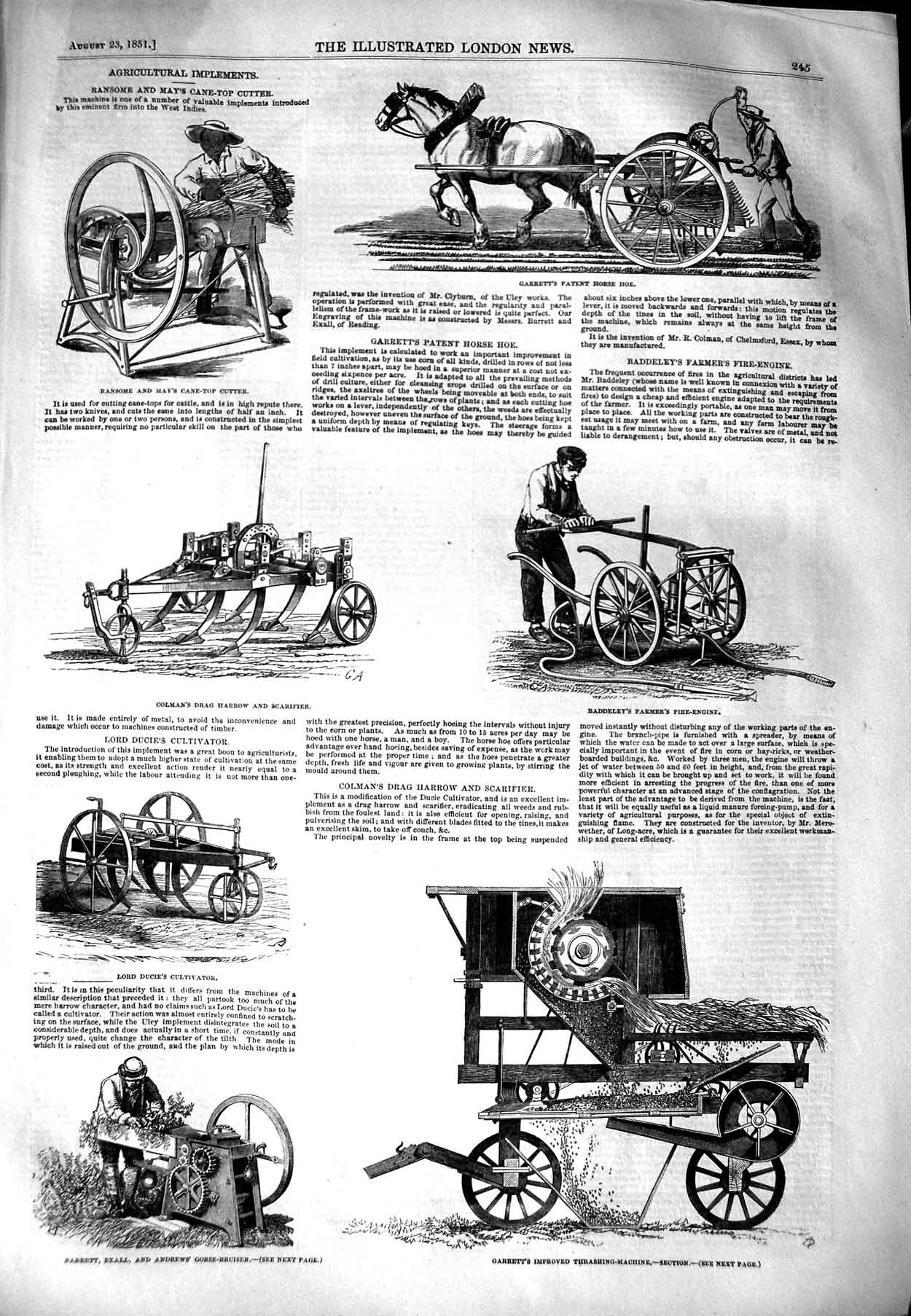 Old Antique Print 1851 Agricultural Implements Horse Hoe Thrashing Harrow 19th