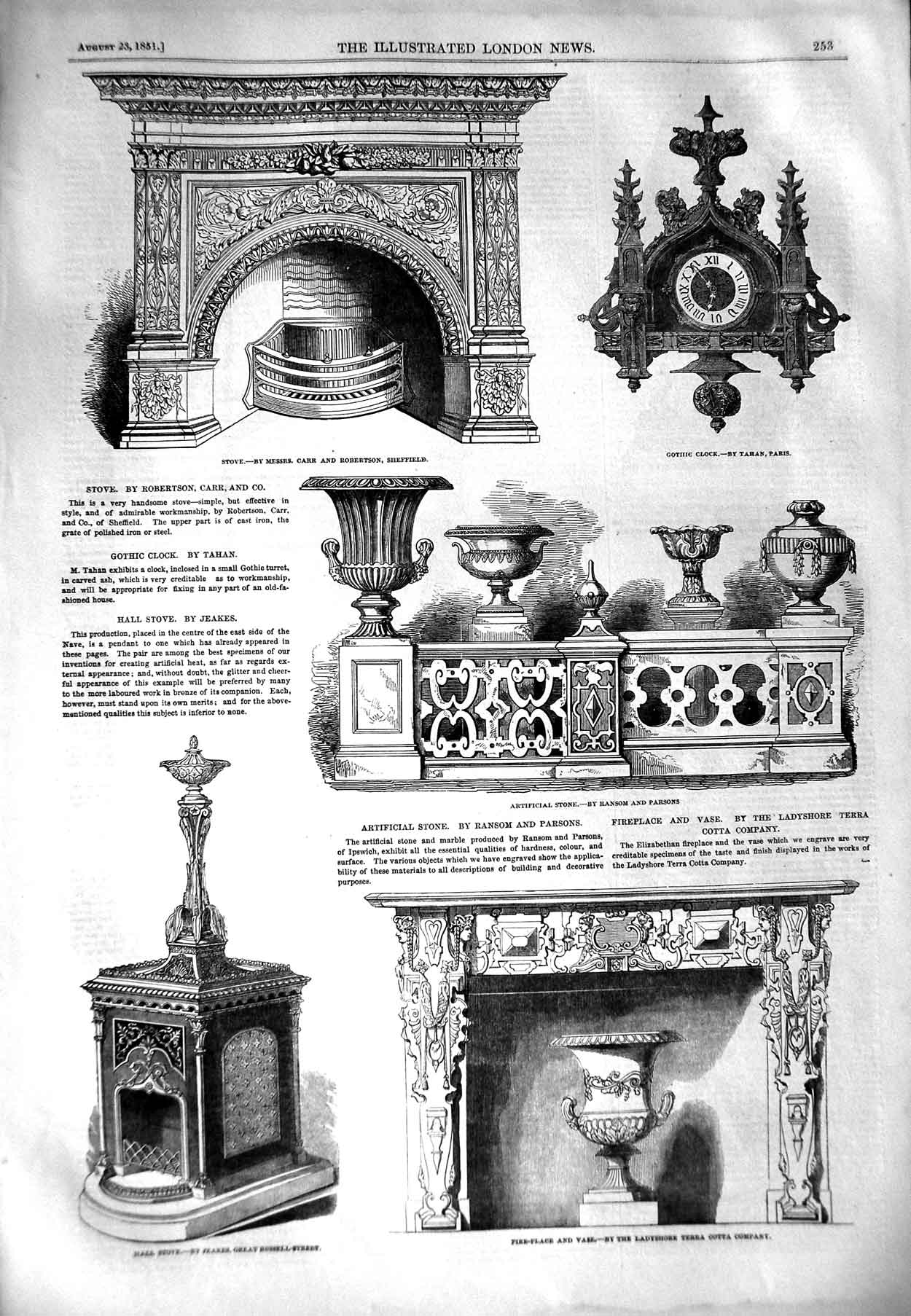 Original Old Antique Print 1851 Stove Robertson Carr Furniture Stone Clock Vase