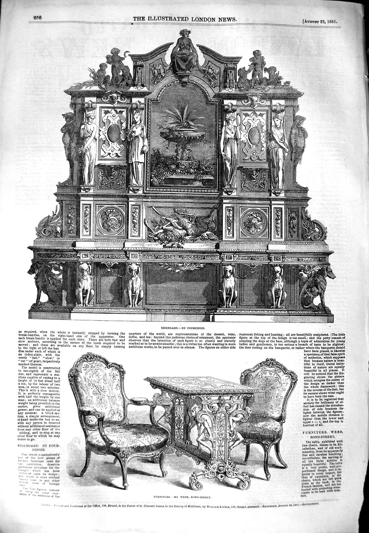 Original Old Antique Print 1851 Furniture Sideboard Fourdinois Webb Bond Street