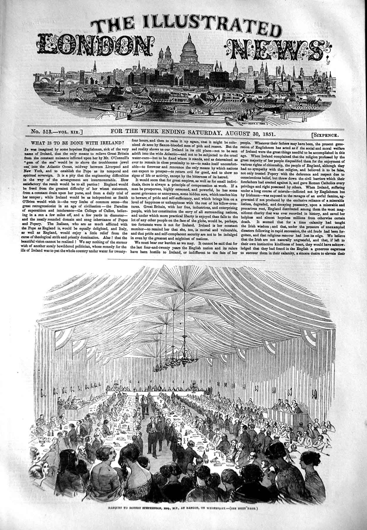 Original Old Antique Print 1851 Banquet Robert Stephenson Bangor 19th
