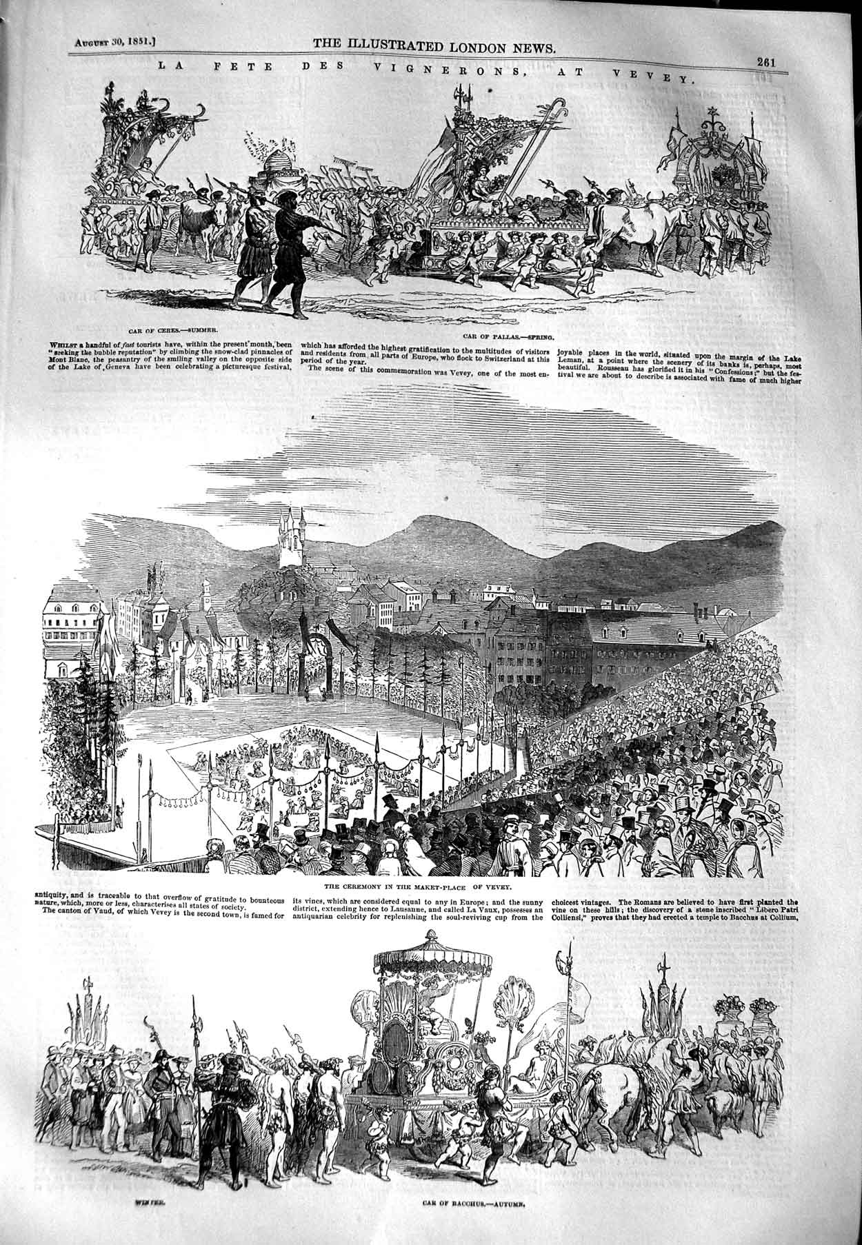 Old Antique Print 1851 Fete Des Vignerons Vevey Car Bacchus Ceres Pallas 19th
