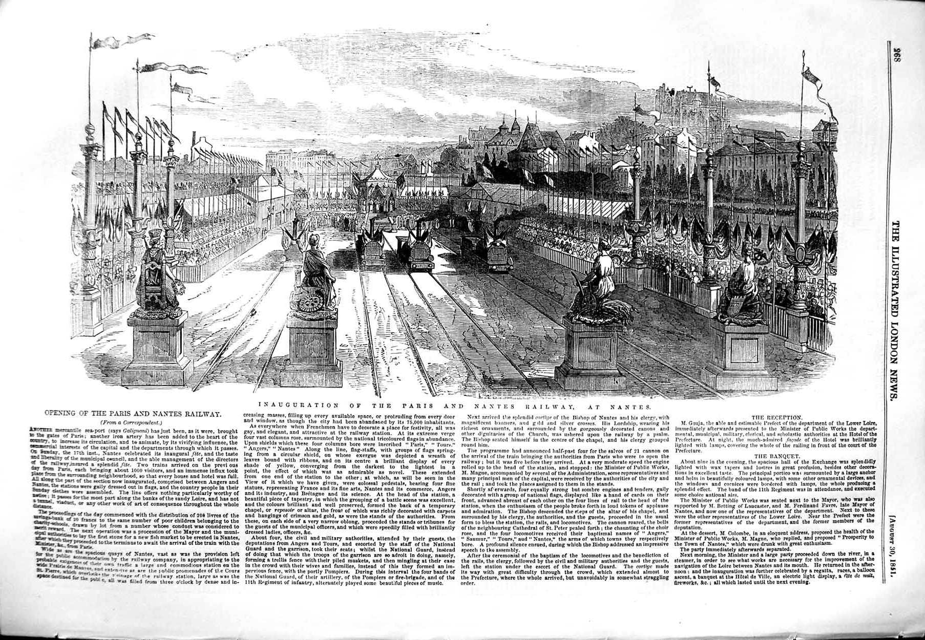 Original Old Antique Print 1851 Inauguration Paris Nantes Railway Train Railway