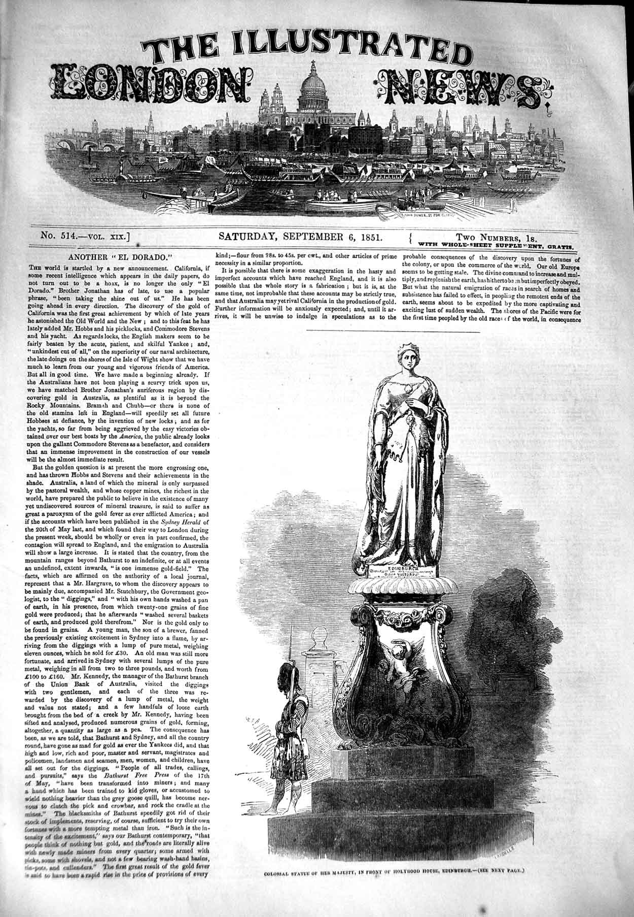 Original Old Antique Print 1851 Colossal Statue Queen Holyrood Palace Edinburgh