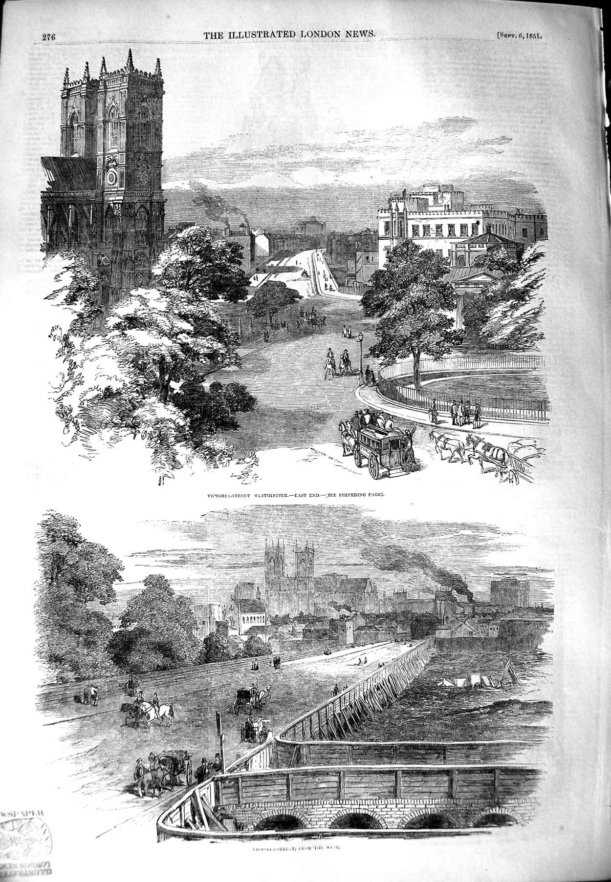 Original Old Antique Print 1851 Victoria Street Westminster Abbey London 19th