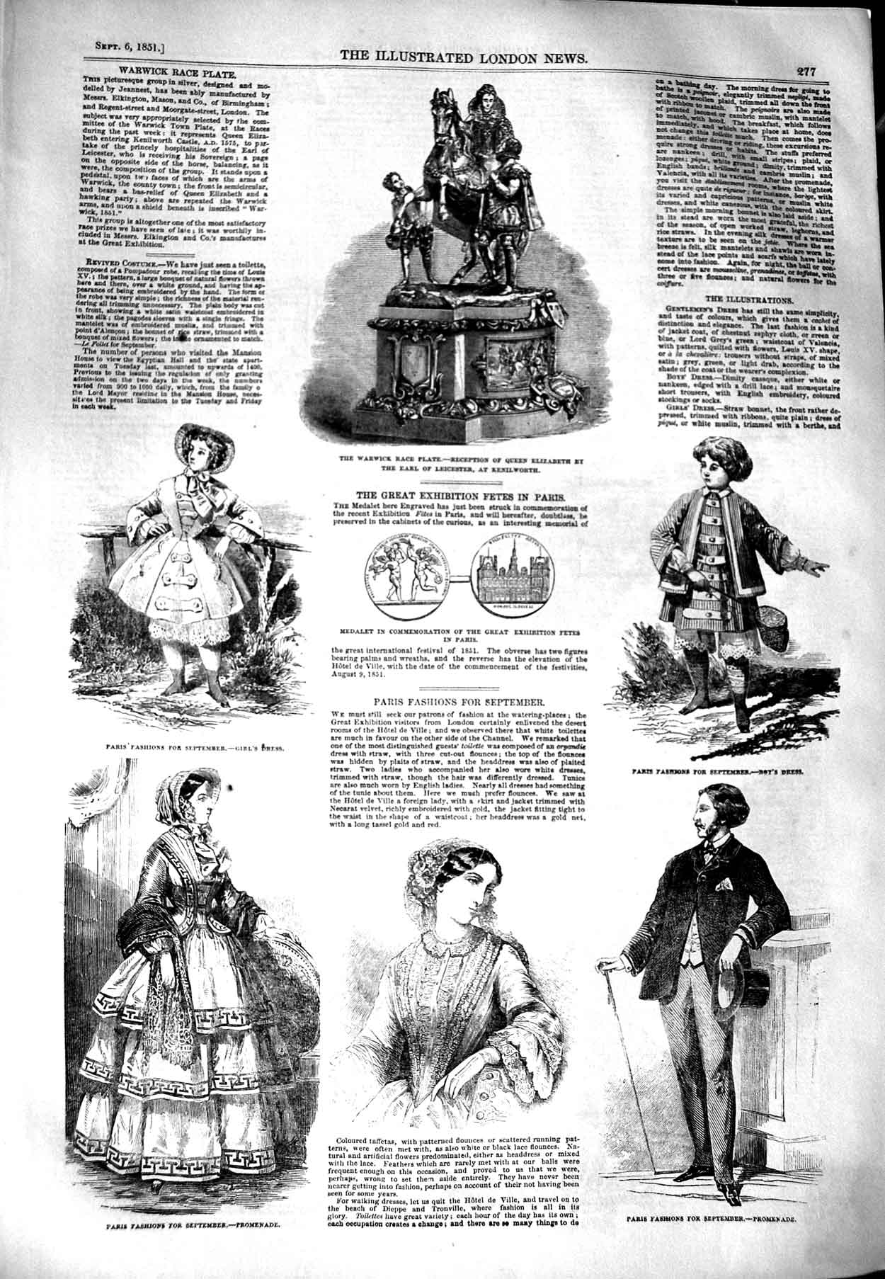Original Old Antique Print 1851 Warwick Race Plate Paris Fashion Dress Medalet