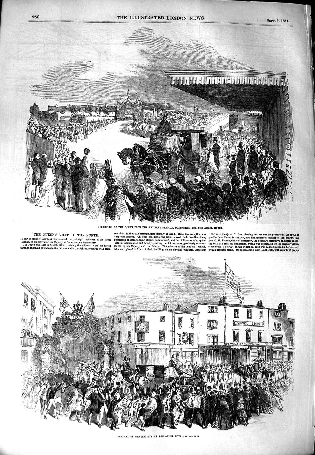 Original Old Antique Print 1851 Queen Railway Station Doncaster Angel Hotel