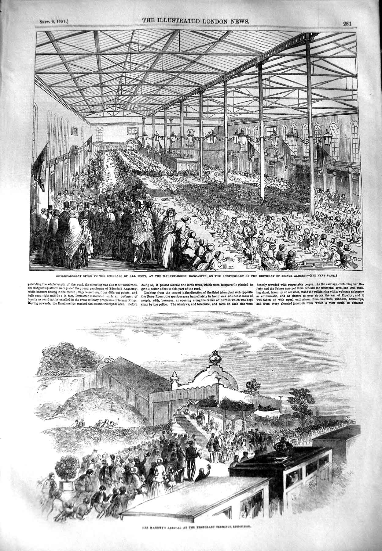Original Old Antique Print 1851 Market House Doncaster Prince Albert Edinburgh