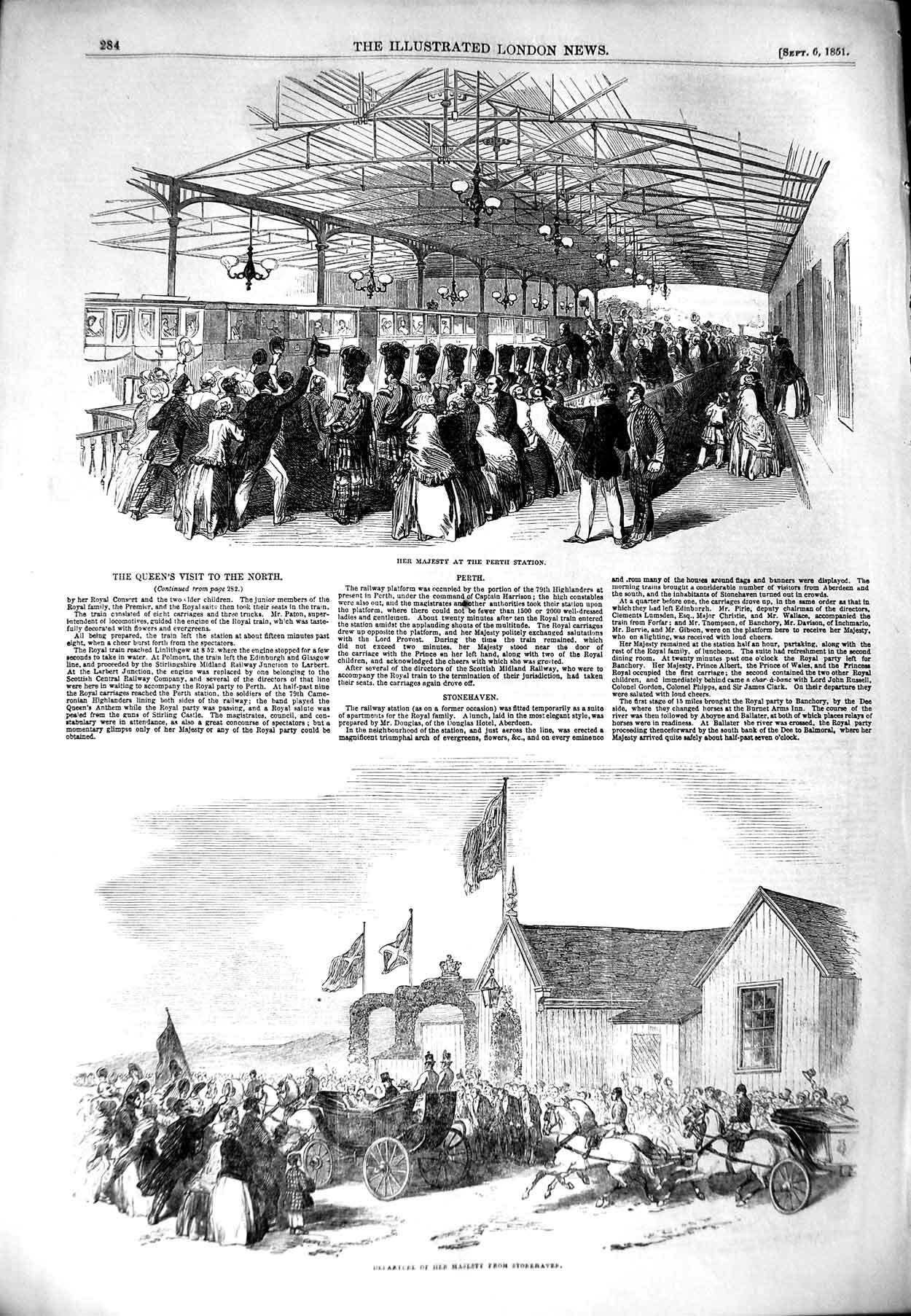 Original Old Antique Print 1851 Queen Perth Railway Station Stonehaven Victorian