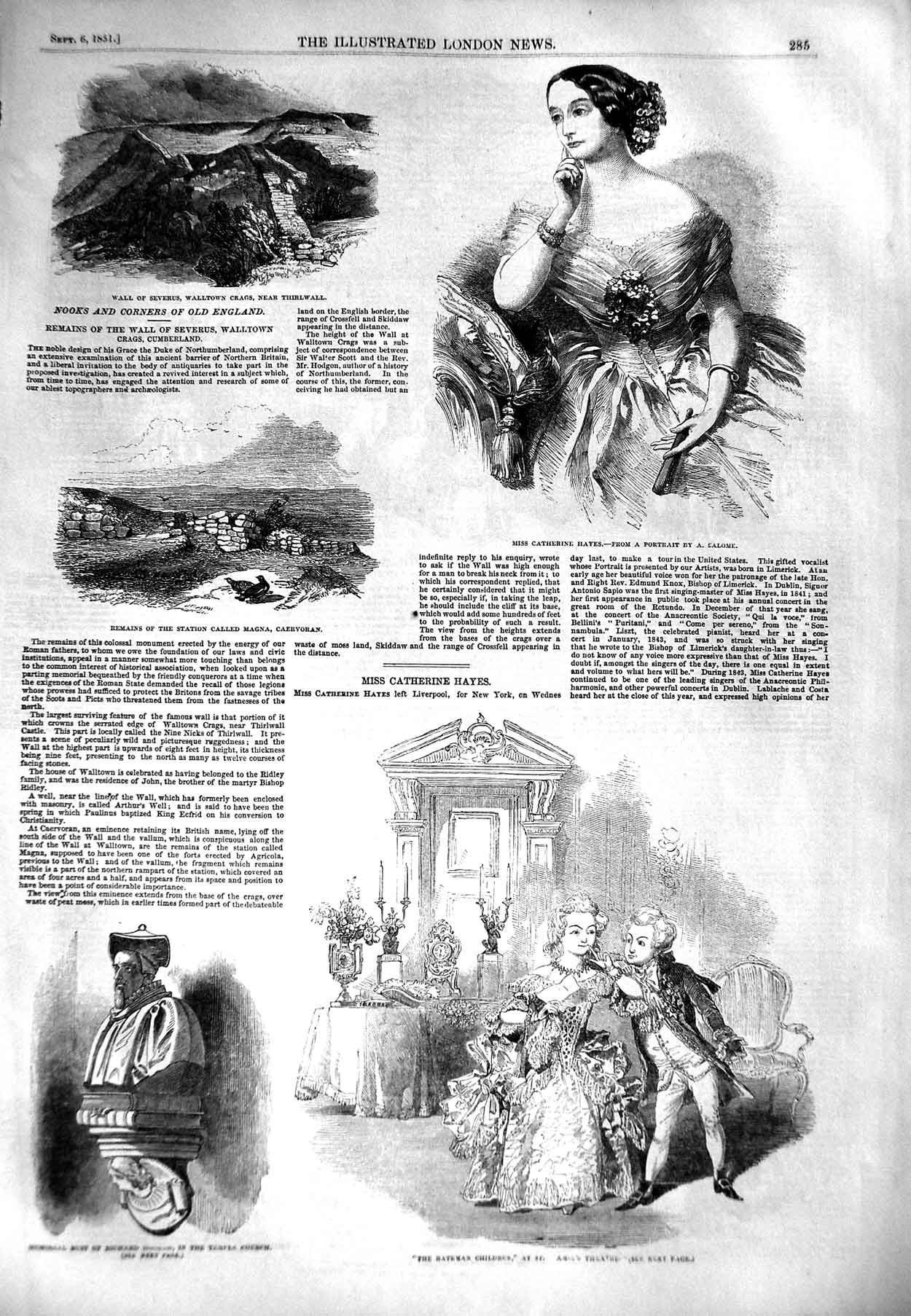 Original Old Antique Print 1851 Catherine Hayes Severus Magna Theatre Church