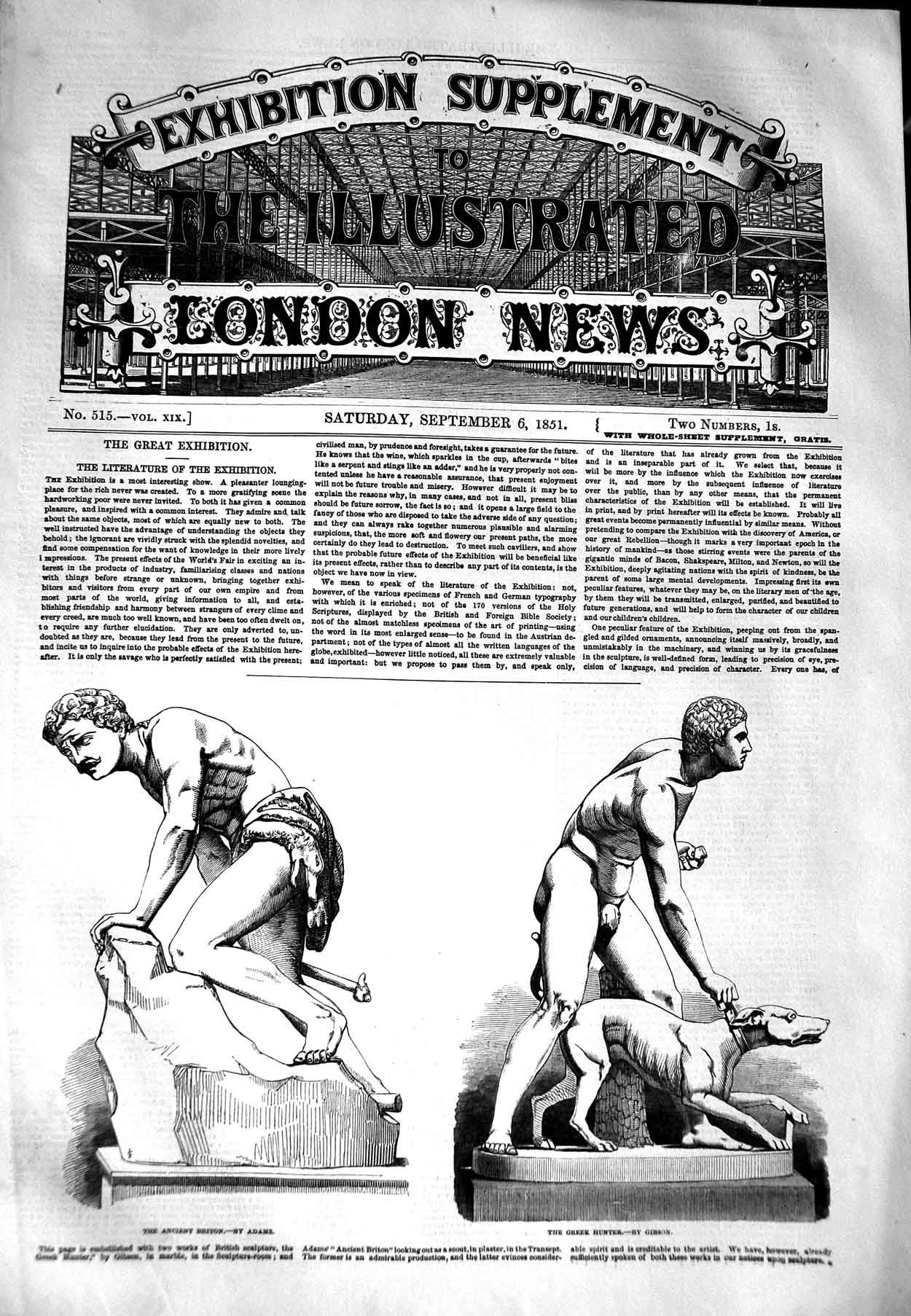 Original Old Antique Print 1851 Ancient Briton Greek Hunter Sculpture Gibson