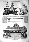 Original Old Antique Print 1851 China Glass Swords Sideboard Furniture Jeanes