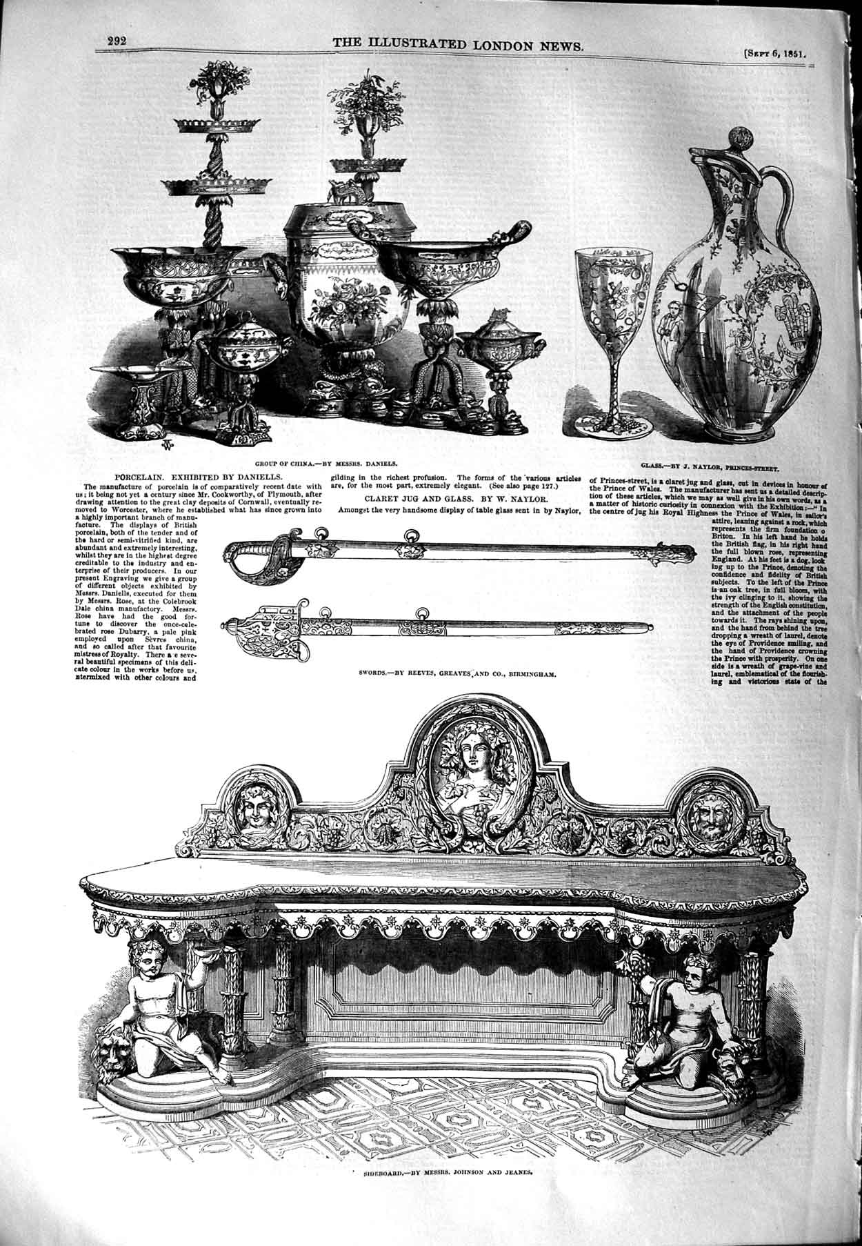 Original Old Antique Print 1851 China Glass Swords Sideboard Furniture Jeanes