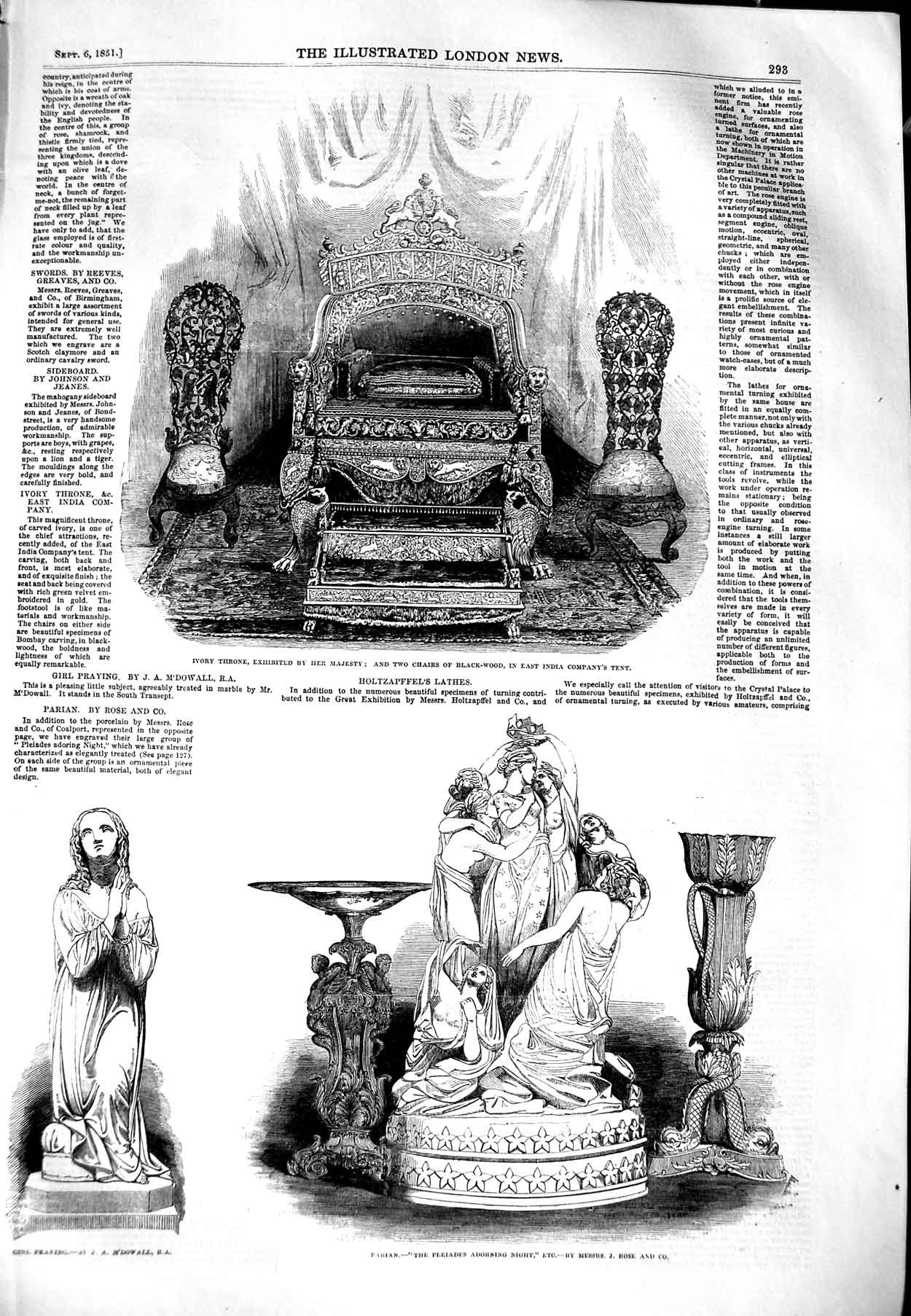 Old Antique Print 1851 Ivory Throne Queen Parian Sculpture Girl Praying 19th