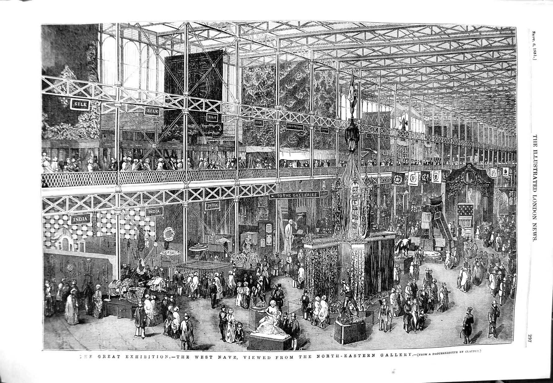 Original Old Antique Print 1851 Great Exhibition West Nave North Eastern 19th