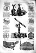 Old Antique Print 1851 Claret Jug Telescope Table Bedstead Church Medal 19th