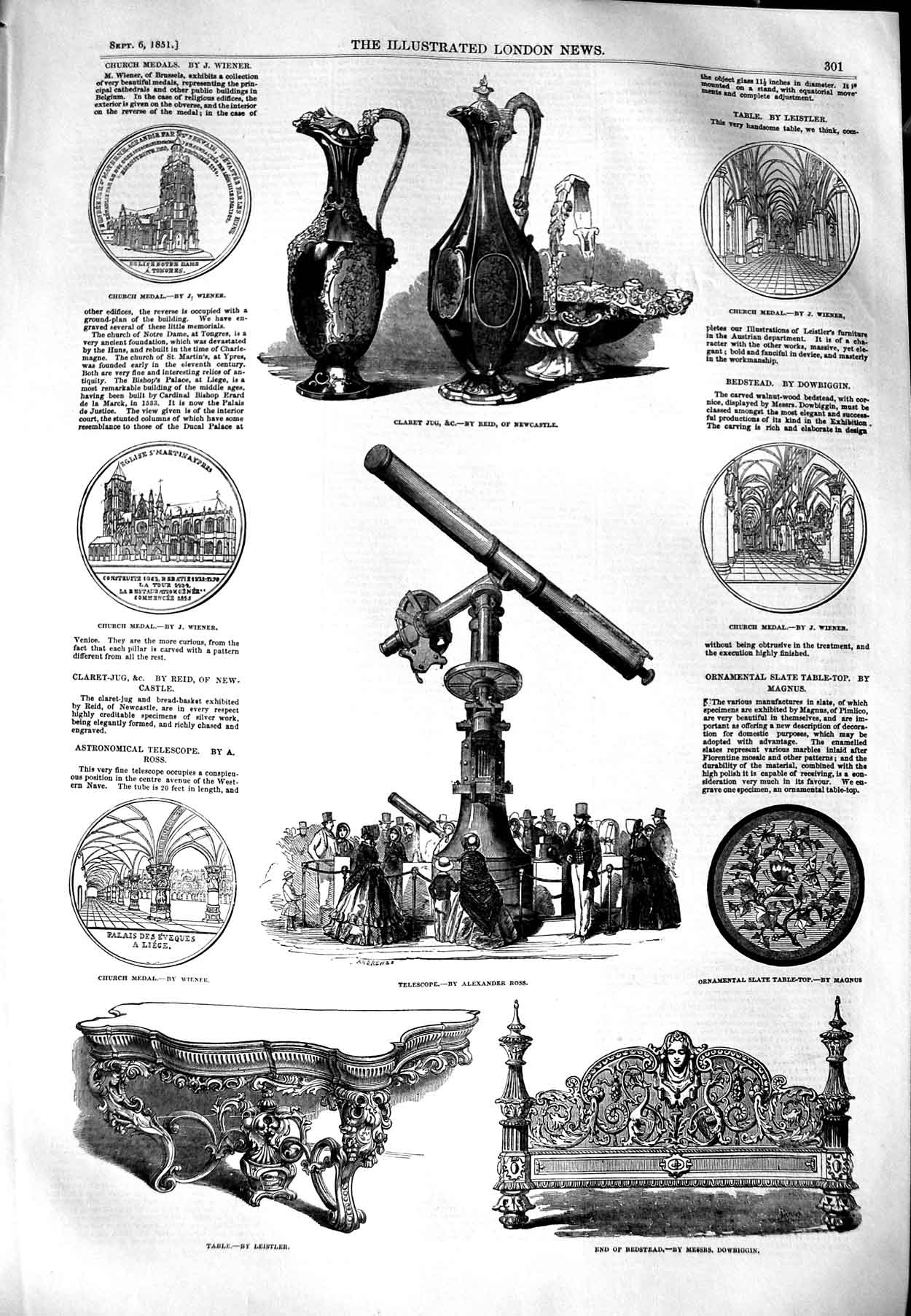 Old Antique Print 1851 Claret Jug Telescope Table Bedstead Church Medal 19th