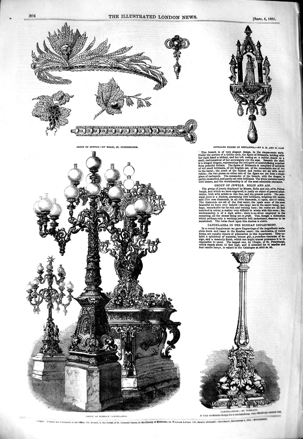 Original Old Antique Print 1851 Russian Candelabra Worrall Jewels Britannia