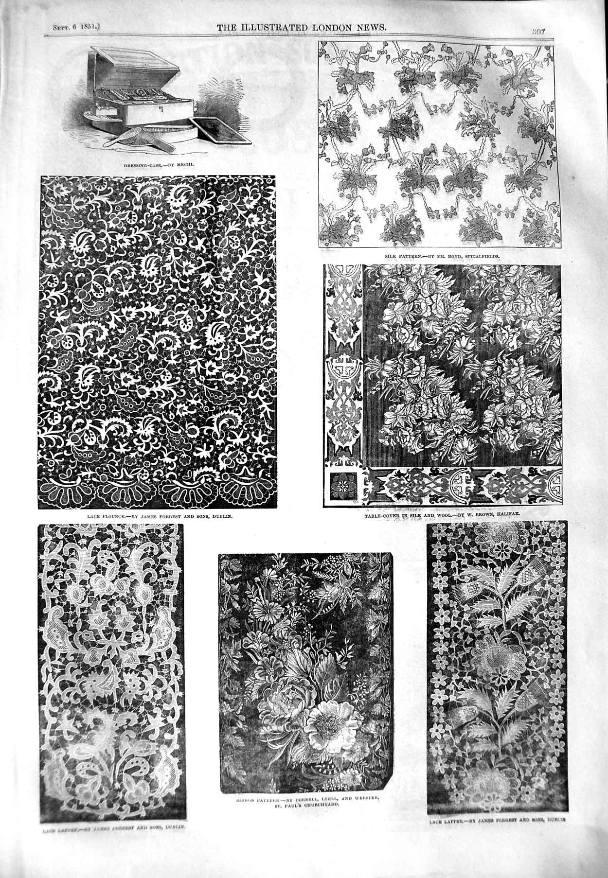 Old Antique Print 1851 Lace Lappet Pattern Silk Wool Vases Slate Cabinet 19th