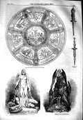 Original Old Antique Print 1851 Shakspeare Shield Sculpture Mirror Cabinet Tea