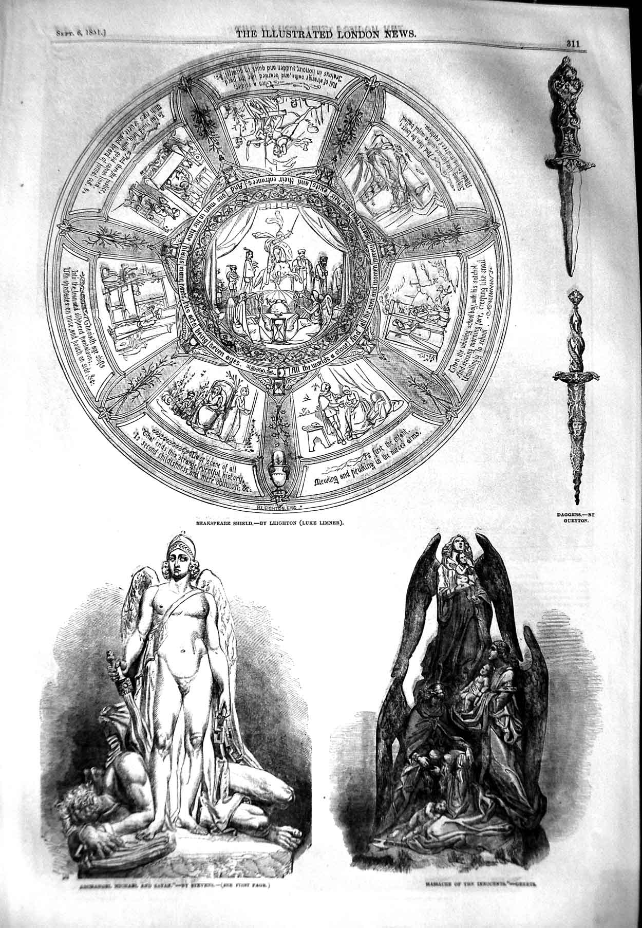 Original Old Antique Print 1851 Shakspeare Shield Sculpture Mirror Cabinet Tea
