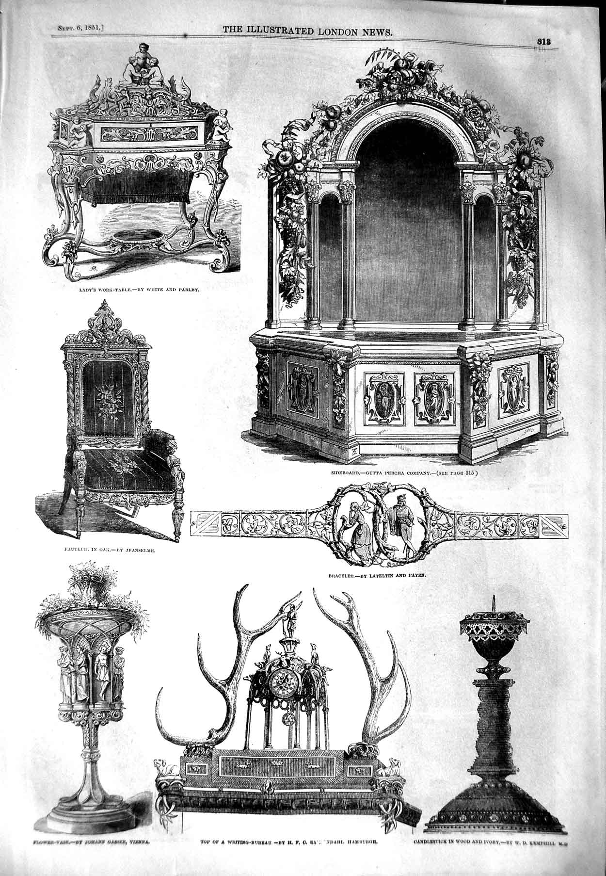Original Old Antique Print 1851 Lace Scarf Pattern Furniture Sideboard Vase Oak