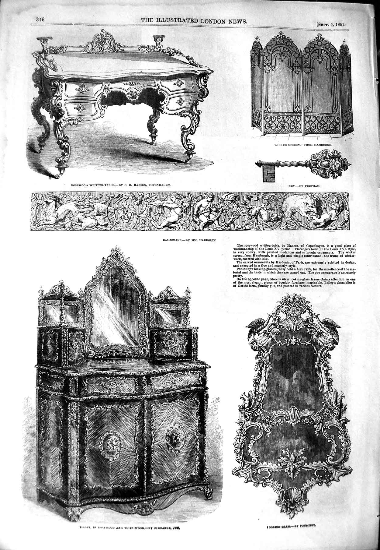 Original Old Antique Print 1851 Furniture Mirror Toilet Screen Patter Lace Silk