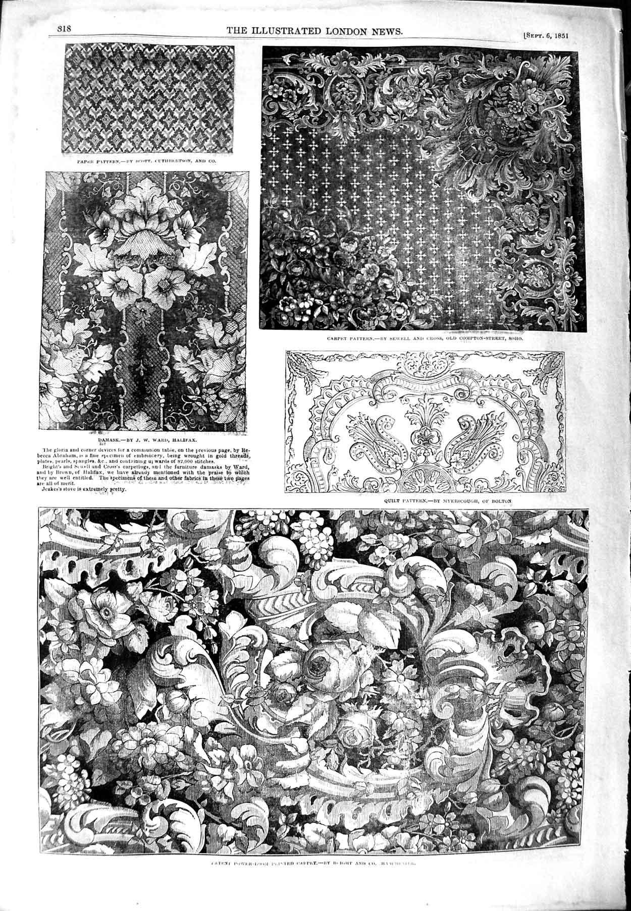 Old Antique Print 1851 Carpet Pattern Damask China Stove Chandelier Glass 19th