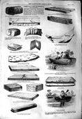 Old Antique Print 1851 Boat Mattress Ship Wreck Portmanteau Damask Stove 19th