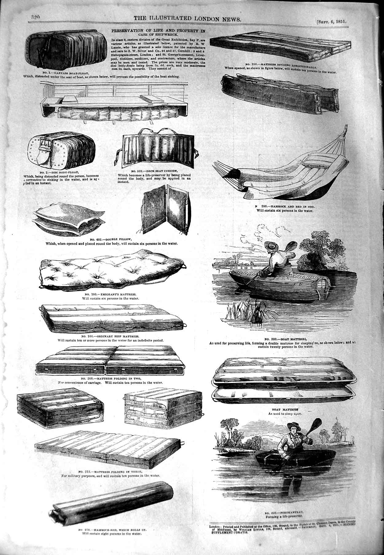 Old Antique Print 1851 Boat Mattress Ship Wreck Portmanteau Damask Stove 19th