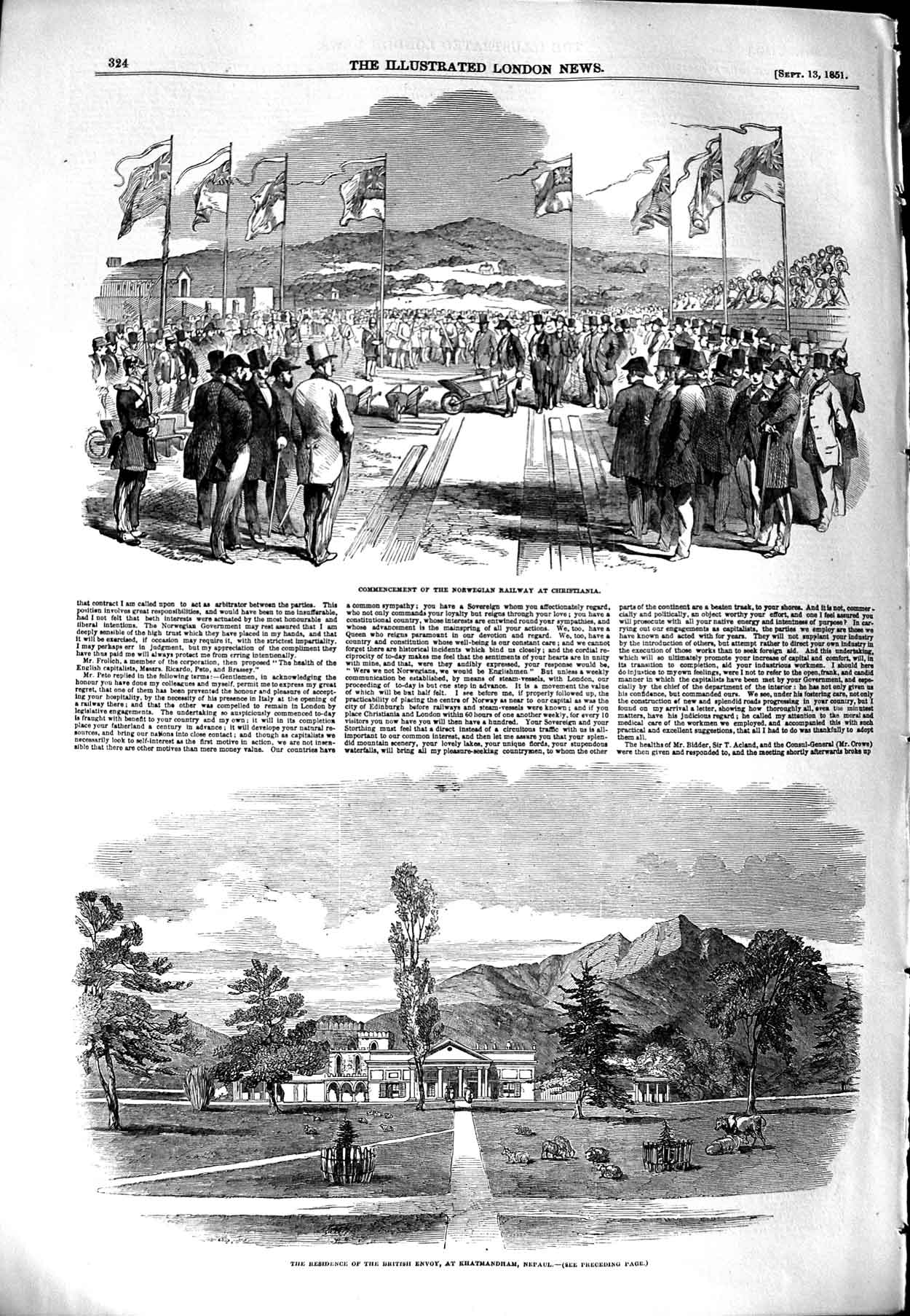 Old Antique Print 1851 Norwegian Railway Christiania Khatmandham Nepual 19th