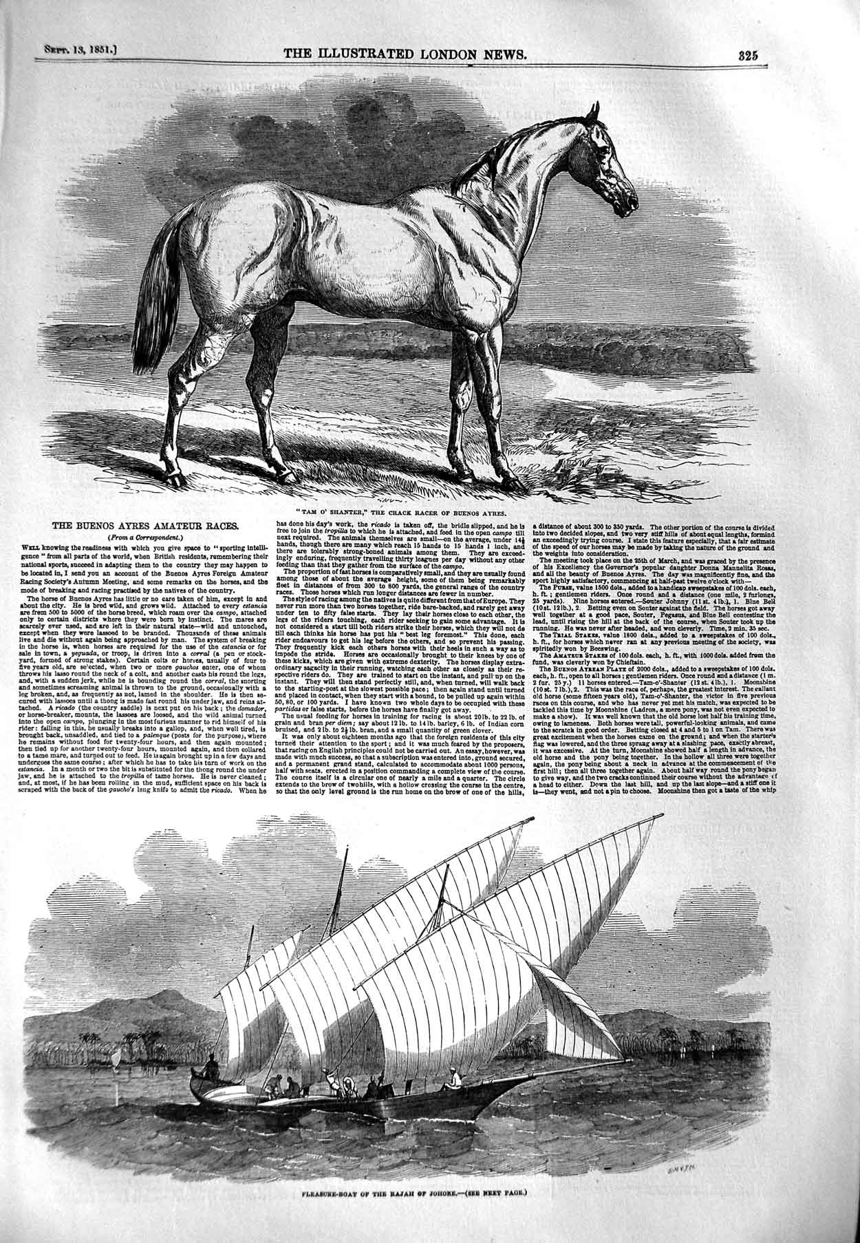 Old Antique Print 1851 Tam Shanter Horse Buenos Ayres Boat Rajah Johore 19th