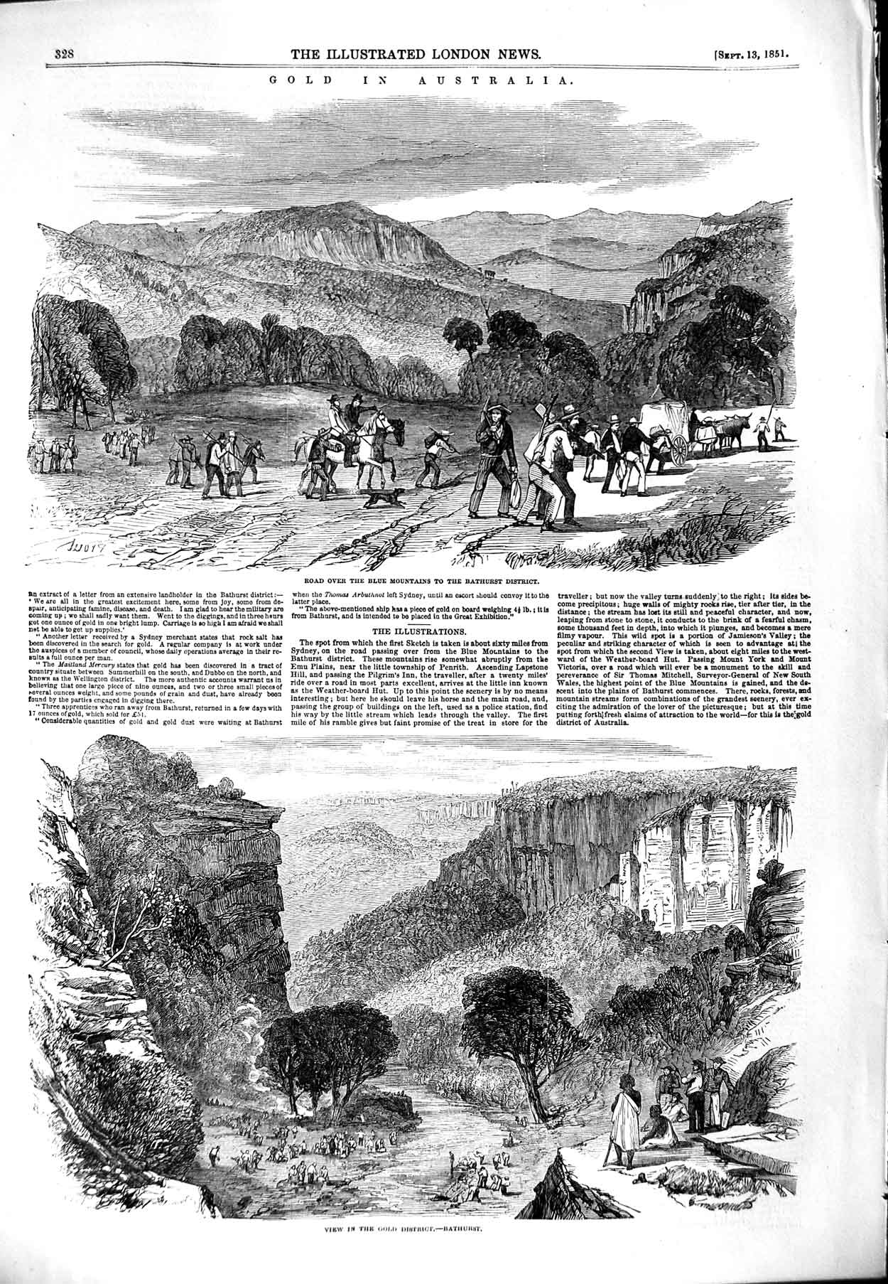 Original Old Antique Print 1851 GMining Australia Bathurst Blue Mo Victorian