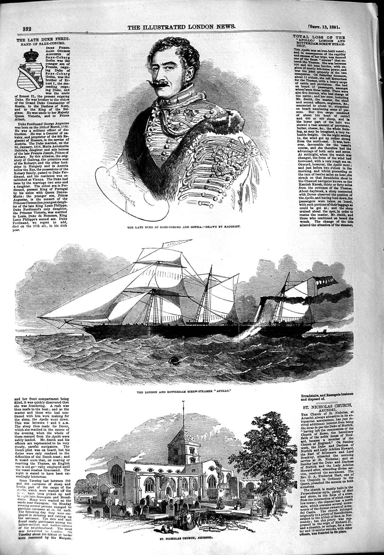 Old Antique Print 1851 Duke Saxecoburg Gotha Ship Apollo Church Arundel 19th