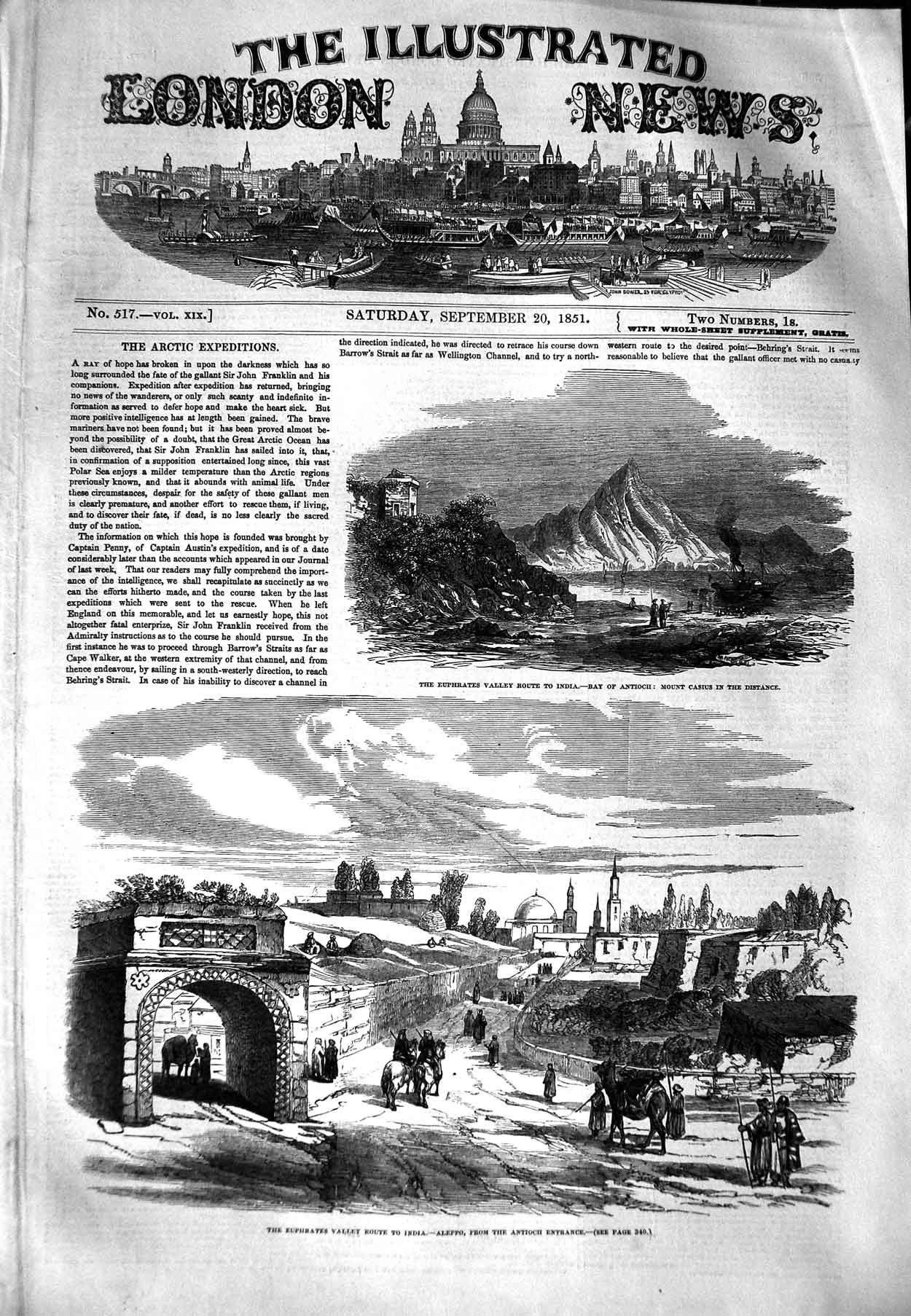Original Old Antique Print 1851 Euphrates Valley Bay Antioch Mount Casius 19th