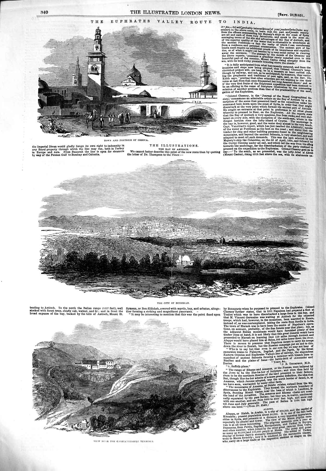 Original Old Antique Print 1851 Euphrates India Orsova Bussorah Constantinople