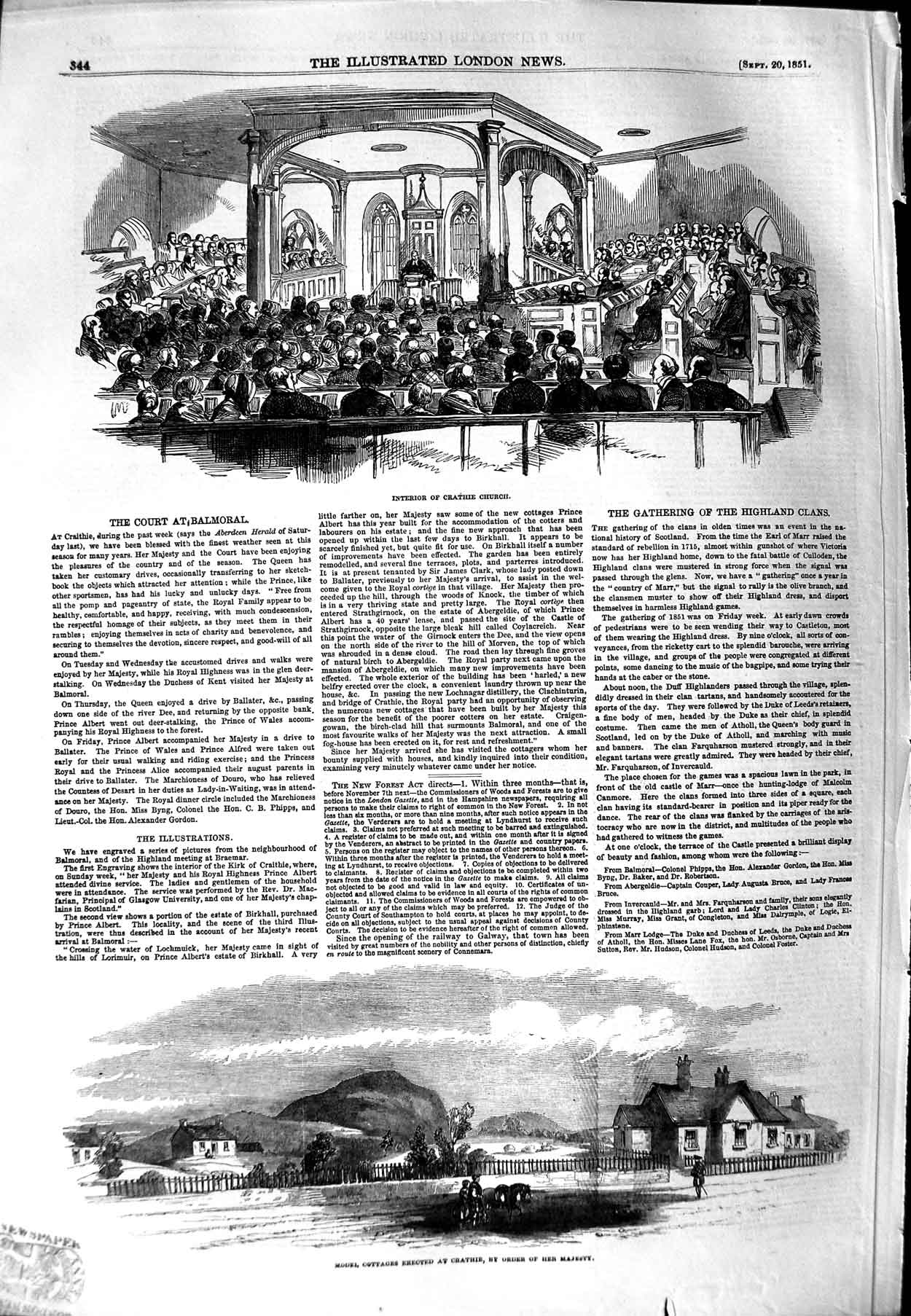Original Old Antique Print 1851 Interior Crathie Church Balmoral Model Cottages