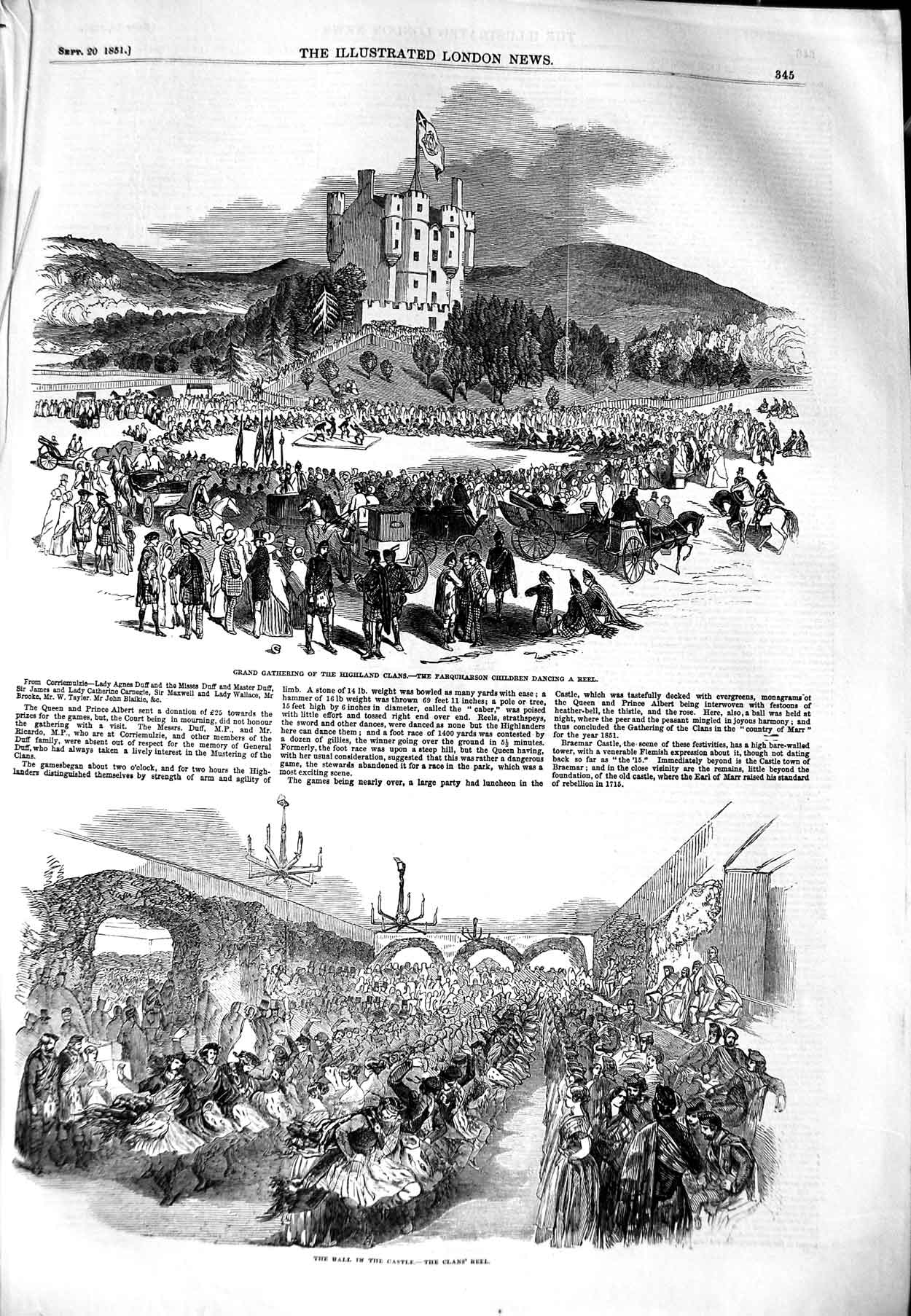 Original Old Antique Print 1851 Highland Clans Farquharson Children Ball 19th